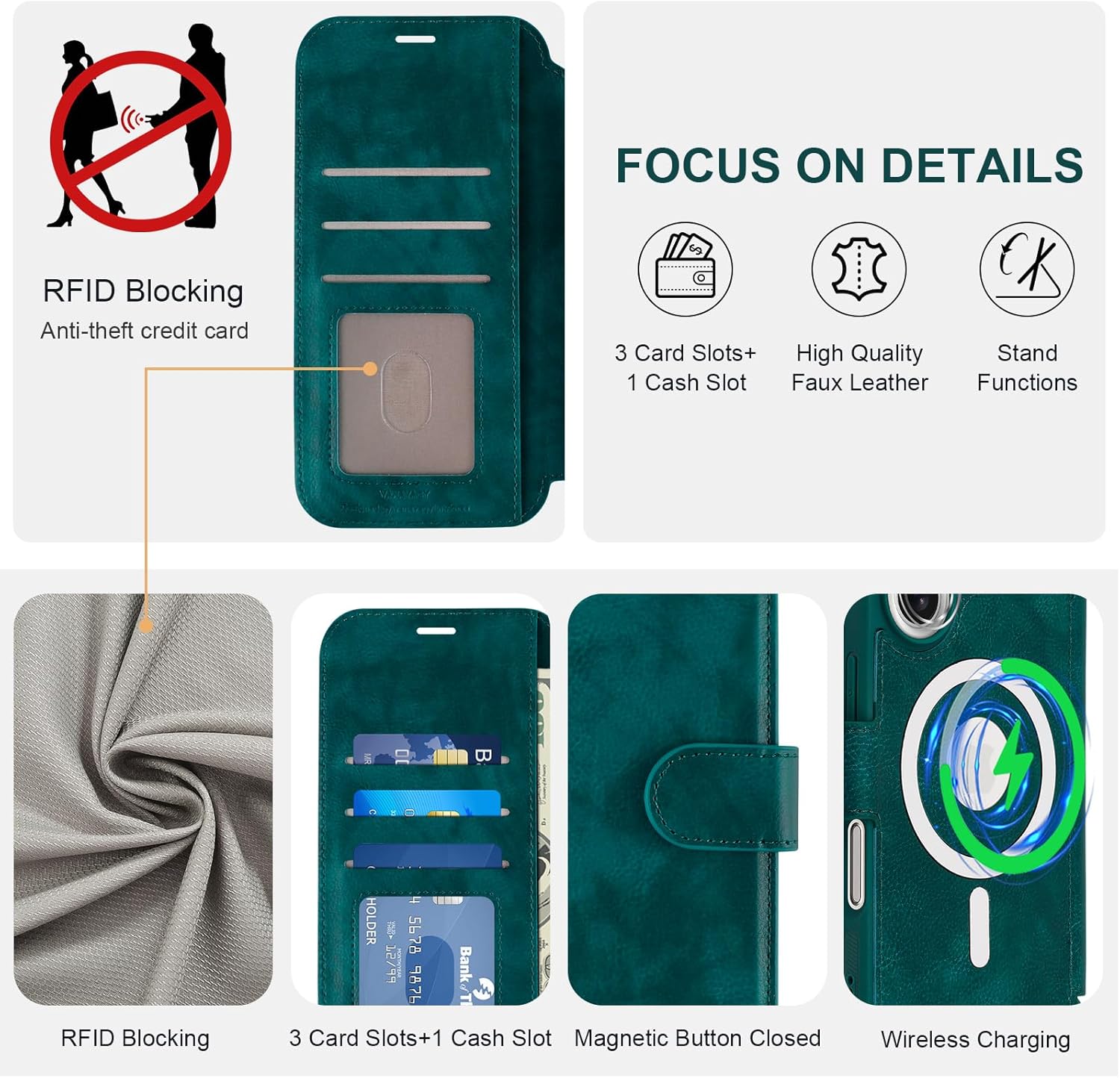 VANAVAGY Compatible for iPhone 16 Wallet Case for Magsafe Wireless Charging, PU Leather Flip Folio Case [Screen Protector & Camera Lens Cover] with Strap RFID Blocking Card Holder,Midnight Green - Image 3