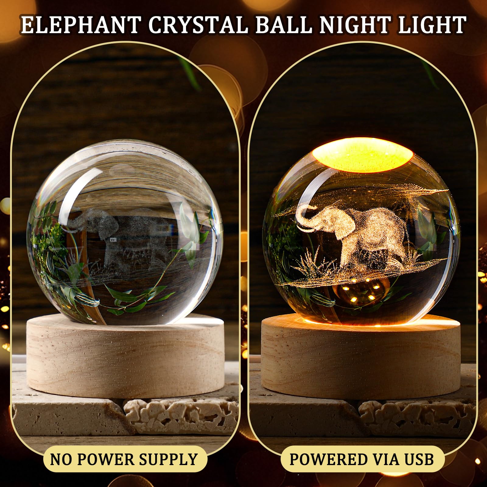Jetec Set di 10 lampade da notte a forma di elefante in 3D, con base in legno, regalo per amici, migliore amico, dottore, regalo per donne a lunga distanza, per Natale, compleanno
