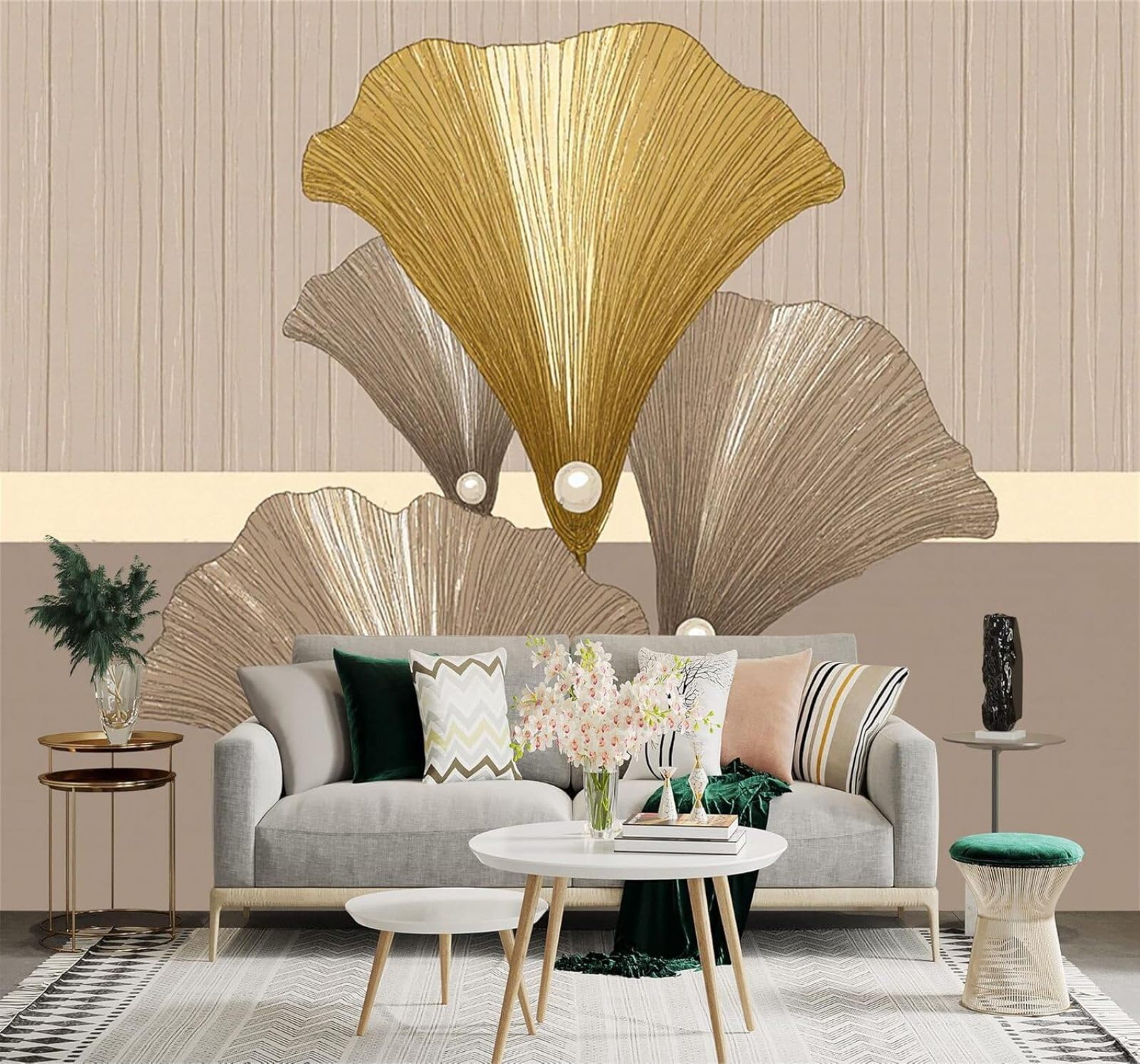 XLMING Beige Gold Pearl Accents Abstract Ginkgo Leaves 3D Wallpaper Silky Texture Home Study Office Grey Dining Room Sofa Bedroom Living Room TV Backdrop-250cm×170cm