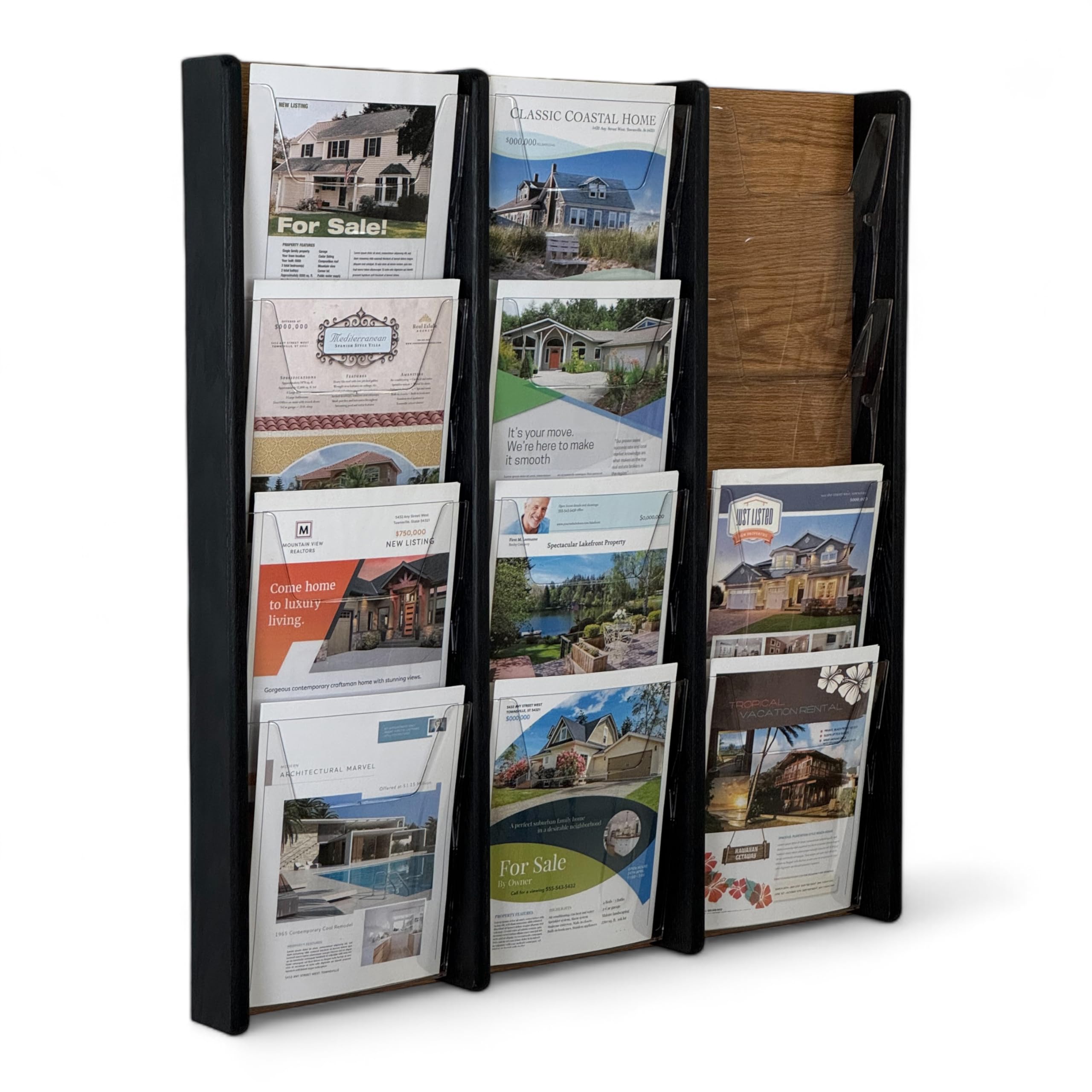 Wooden Mallet Stance 12 Pocket Wall Display Magazine Rack, Black/Light Oak