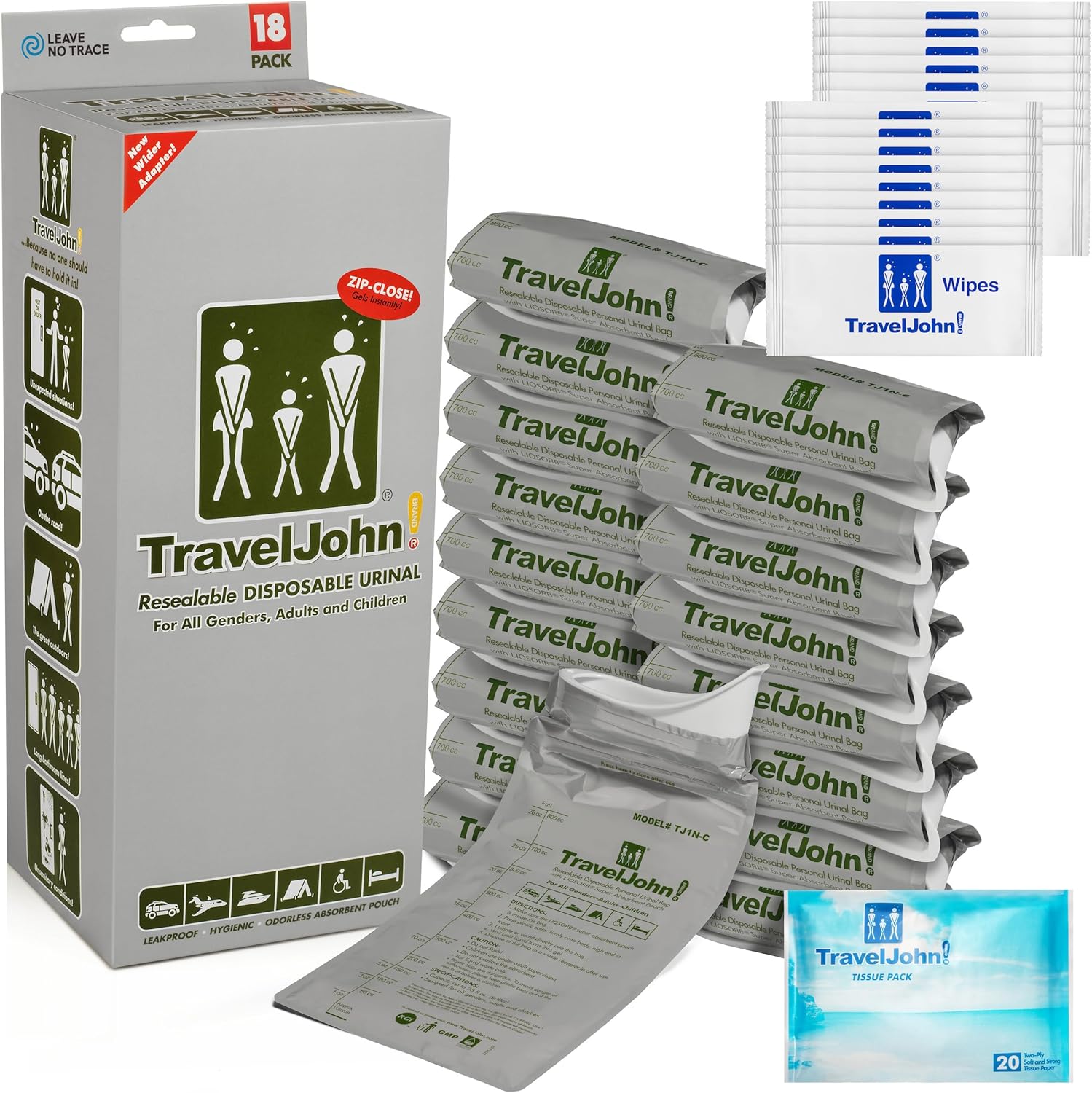 TravelJohn Resealable Disposable Urinal Bags – Road Trip Essentials for Men, Women & Kids – Odorless Leakproof Portable Urine Bags – Travel Urinal for Camping & Emergencies (TJ1N-C)
