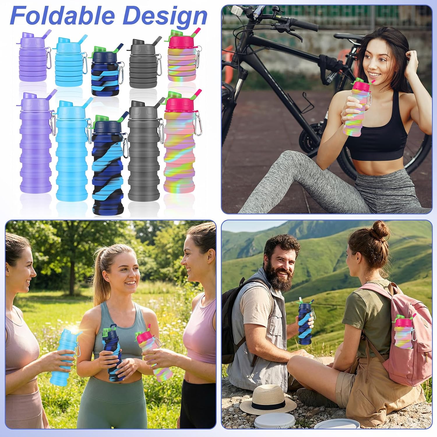5 Pack Foldable Water Bottles, 16 oz Silicone Reusable Foldable Water Bottle, Portable Leak Proof Travel Sports Bottle with Metal Clip for Camping Hiking Gym, Colorful