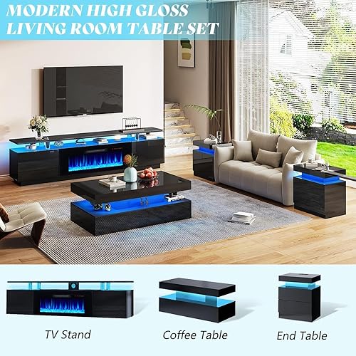 Miniatura 6 de AMERLIFE Soporte de TV con chimenea de 40 pulgadas, 80 pulgadas, moderno centro de entretenimiento con chimenea de alto brillo, 2 niveles para