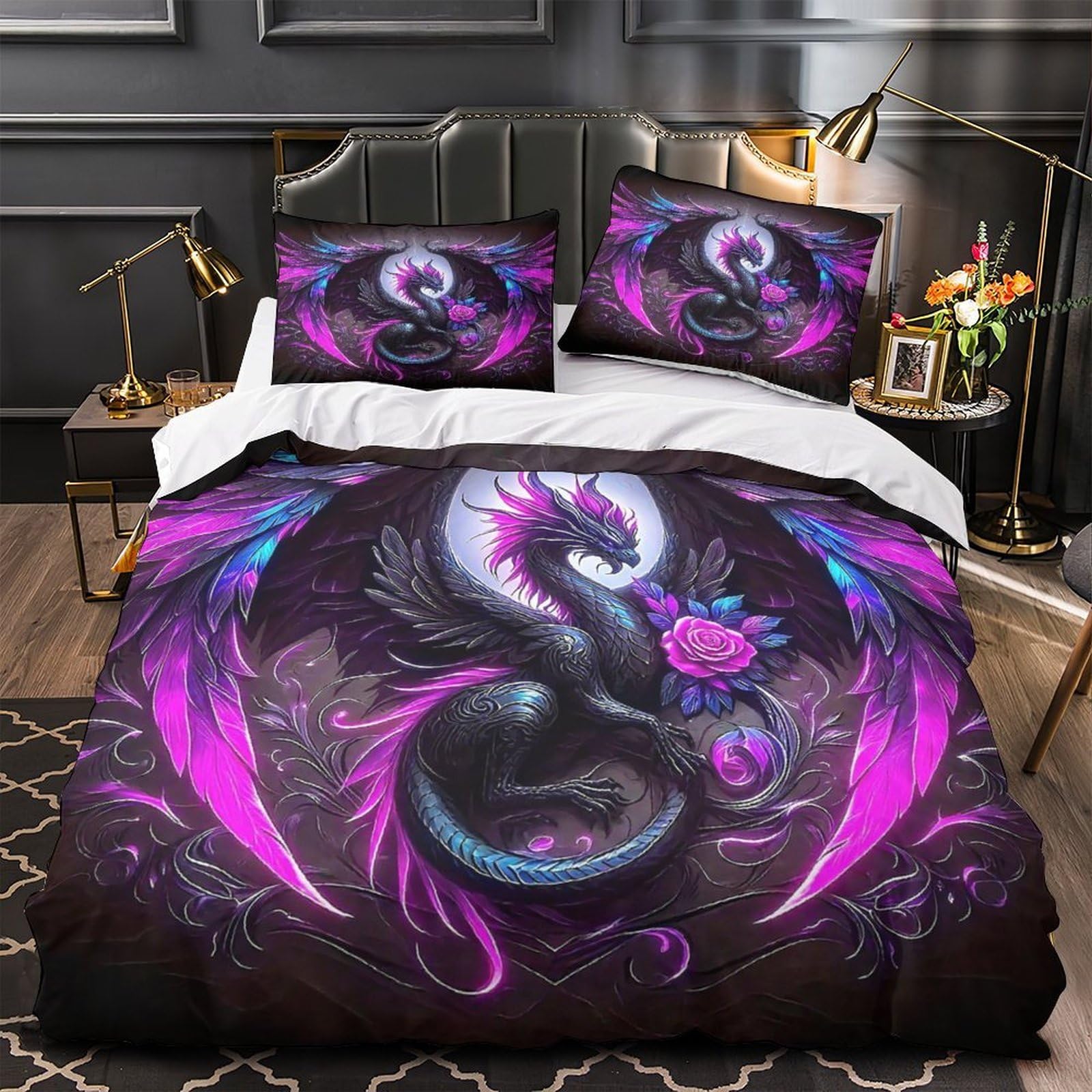Housse de couette 200x200cm dragon en microfibre douce lavable pour lit double enfants et ados