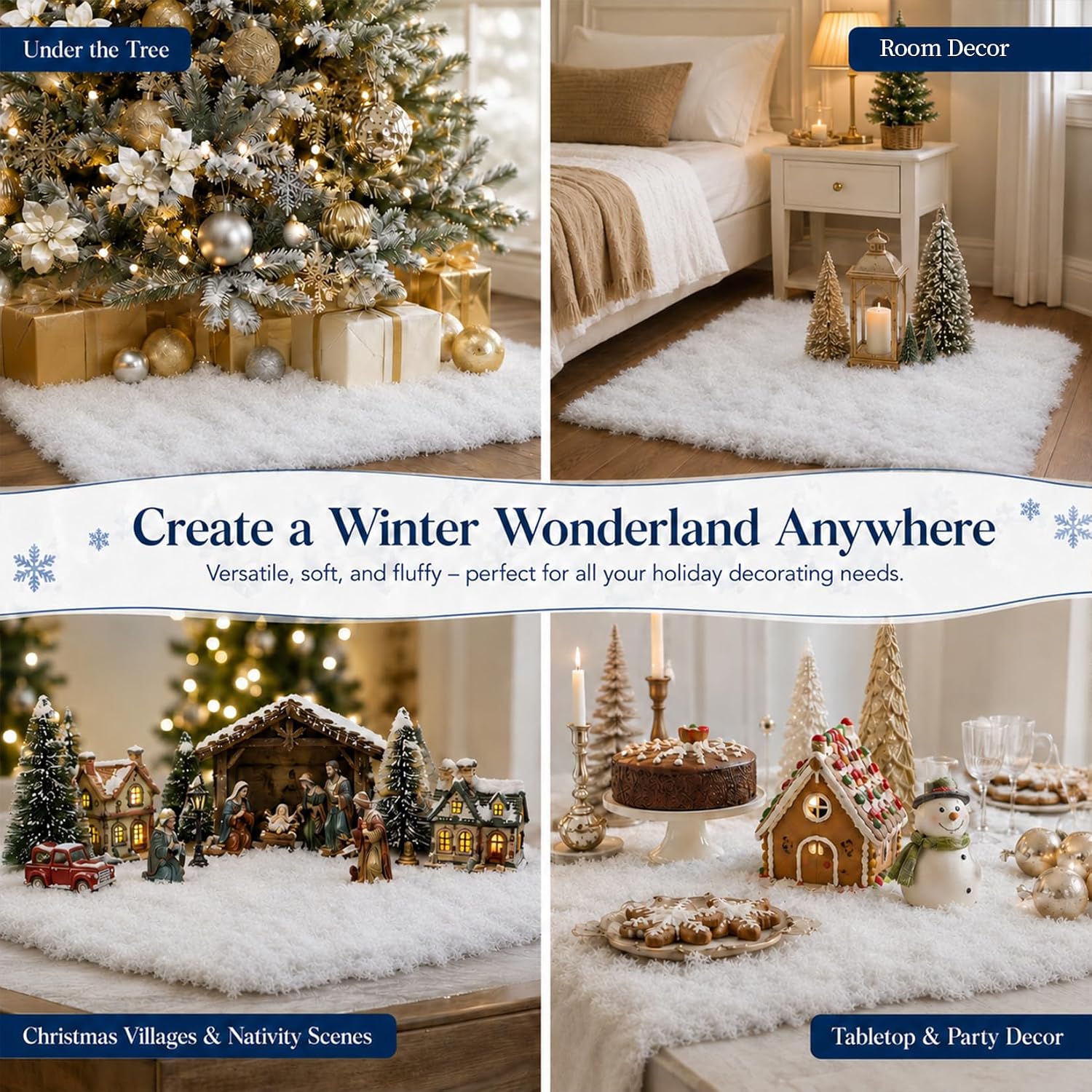 RAINFLOW Christmas Fake Snow Blanket - Artificial Snow Mat with White Fiber for Christmas Decorations Indoor Nativity Set Winter Wonderland Decorations Xmas Village Accessories Fireplace Table Decor