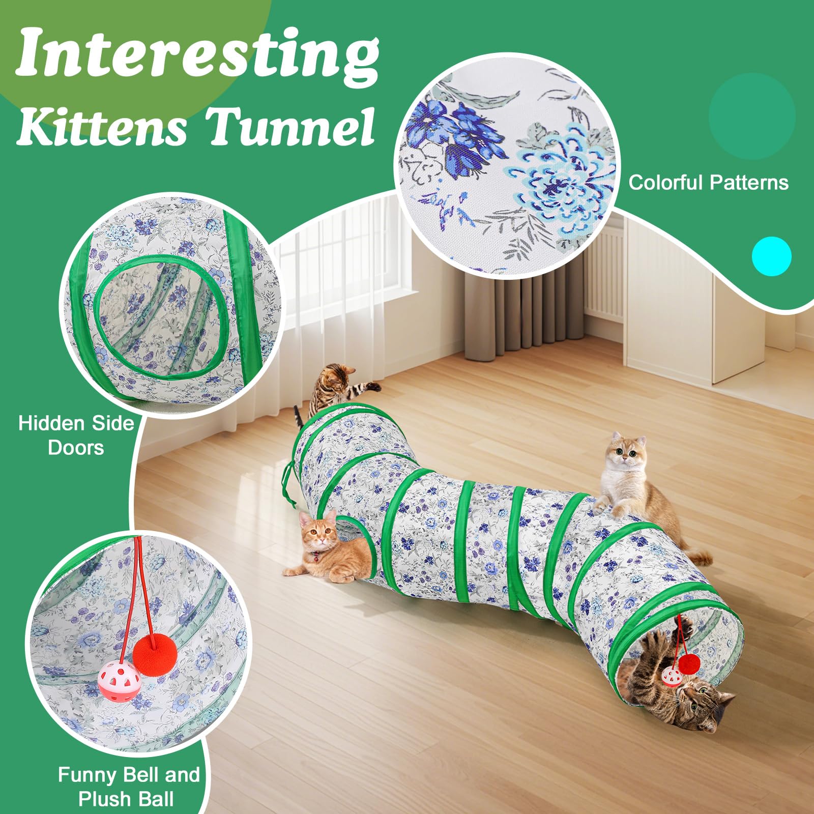 Pawaboo Cat Tunnel, S-Shaped Cat Tube Tunnel 25*97cm(9.8''*38.2'') with Balls and Bells - Image 4