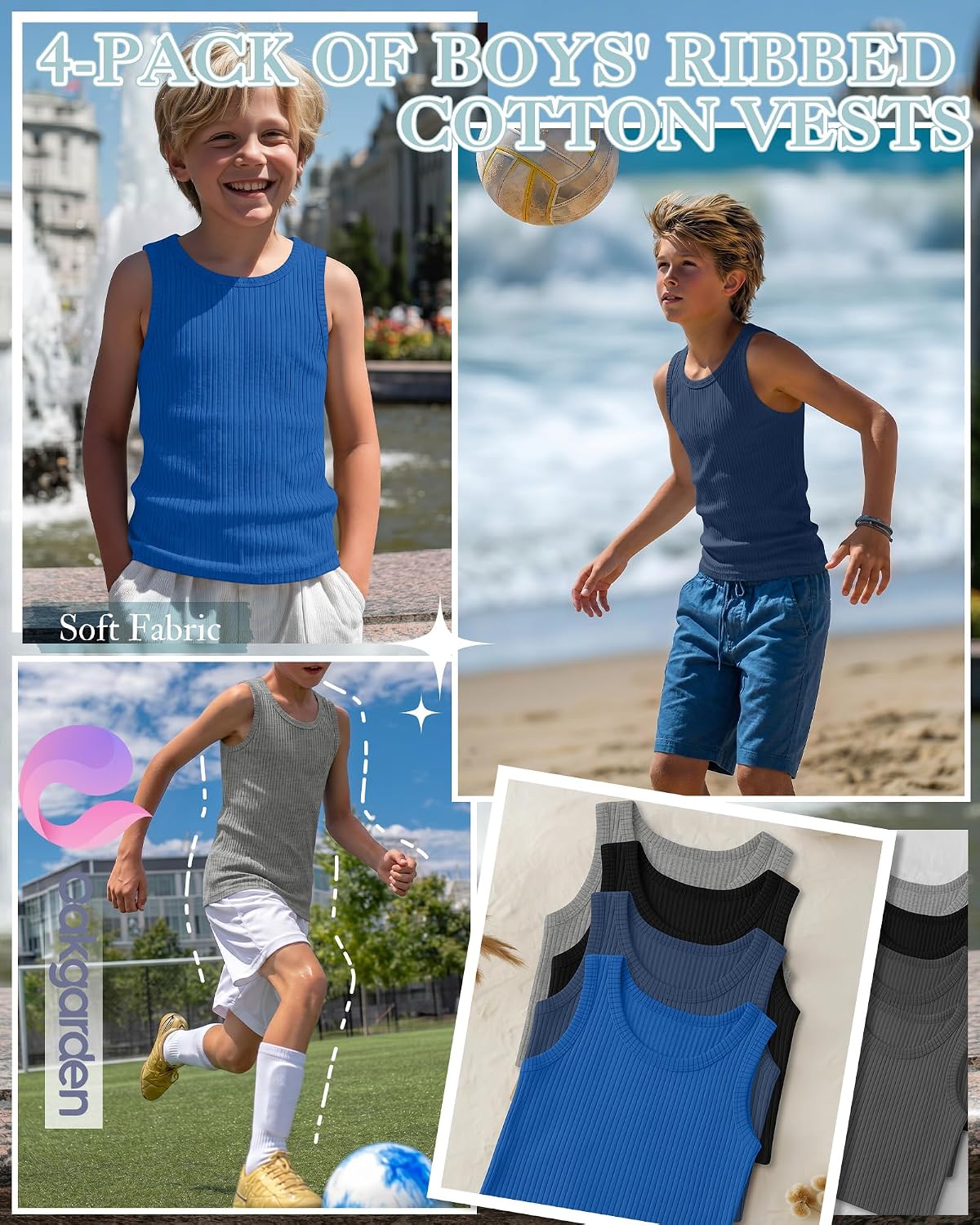 Oakgarden 4 Pack Boys' Tank Tops Kids Cotton Ribbed Sleeveless Undershirts Teen Boys Athletic Casual Soft Basic Tanks