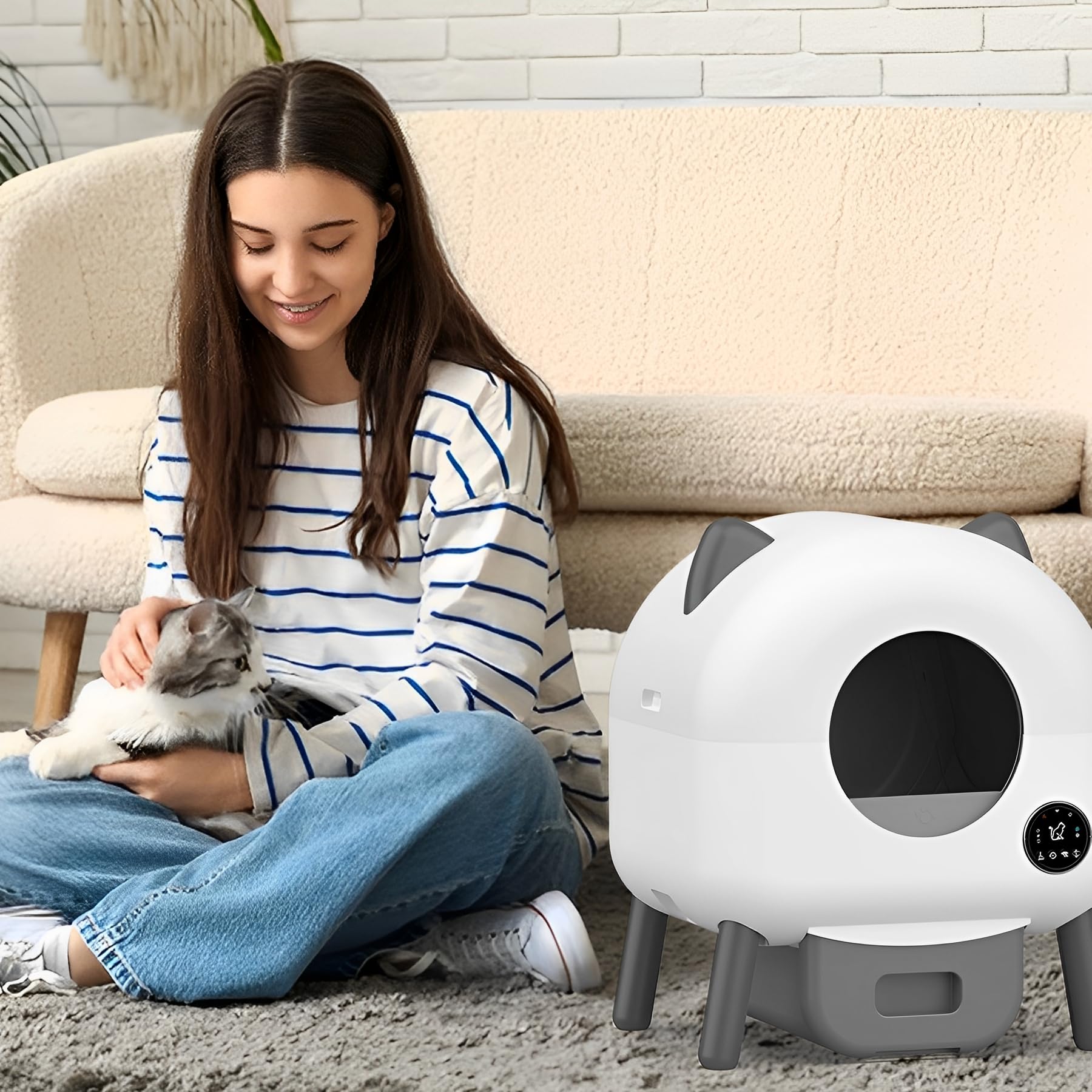 Arenero Gatos Autolimpiable, Caixa de Areia Automatico 76L, Protección de Seguridad/Control de Aplicaciones/Inodoro/Iluminación Ambiental, Arenero Automatico Gatos para Varios Gatos