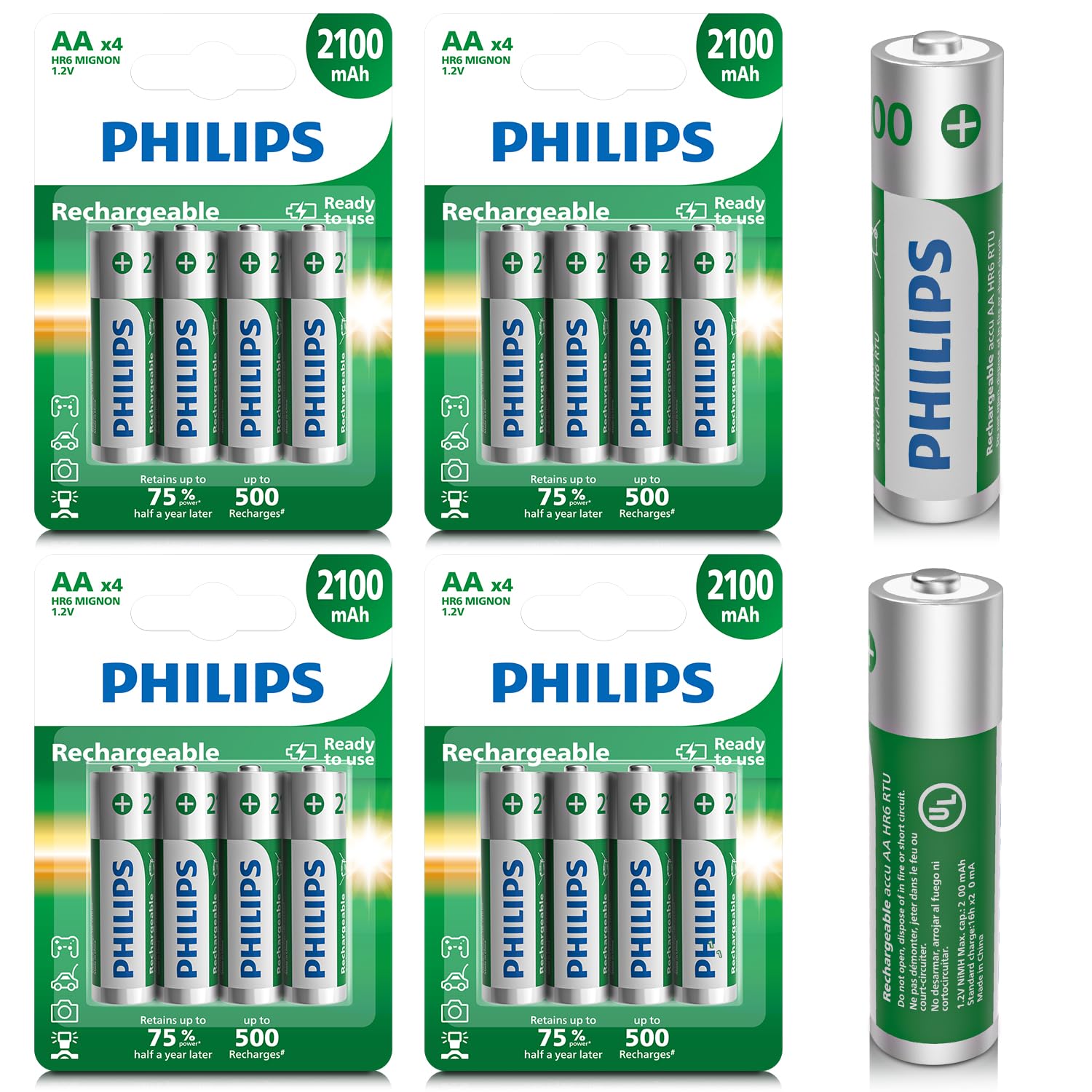 Philips Rechargeable AA Batteries 16 Pack 2100mAh NiMH Double A Battery 1.2V Long Lasting 2A Batteries Recharge up to 500x （Full Discharge Test Every