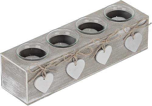 Relaxdays Juego de portavelas 4 vasos votivos con velas, diseño de corazón, centro de mesa, comedor, beige/blanco, 70% tablero de fibra 30%, 8 x