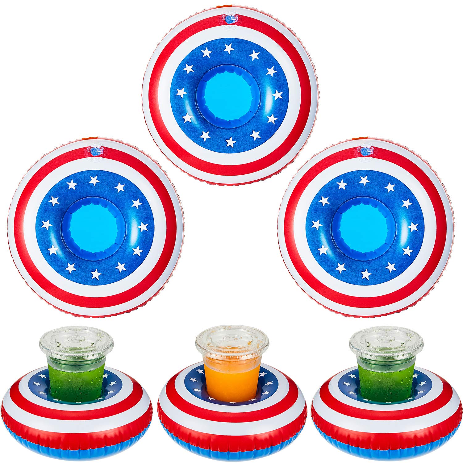 Inflatable Patriotic Drink Holder Patriotic Inflatable Cup Coasters Pool Drink Cup Holder Floats for Summer Pool Party and Fun Bath Shower Toys (6 Pieces)