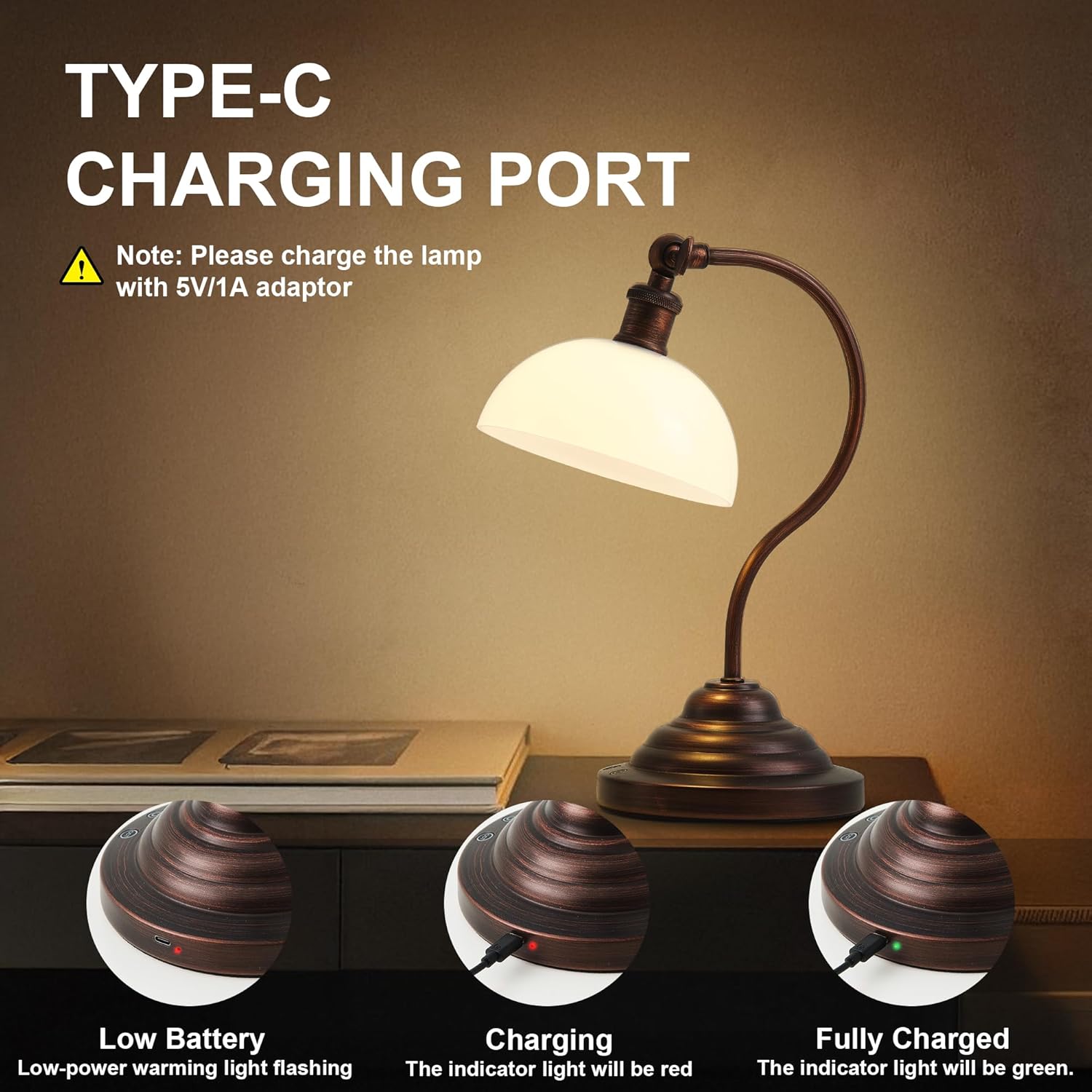 Cordless LED Table Lamp, Battery Operated Desk Lamps with Swing Arm & Plastic Shade, Vintage Small Rechargeable Dimmable Light for Bedroom, Living Room, Nightstand, Oil Rubbed Bronze