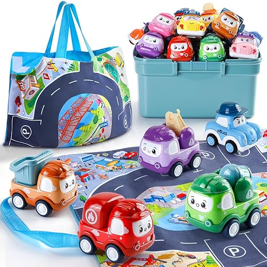 Kiddiworld Mini Car Toys for 1 Year Old Boy Gifts, 12 Sets Pull-Back Trucks with Playmat/Storage Box for Toddlers Age 1-2, Baby Toys 12-18 Months, 1st Christmas Birthday Gifts for One Year Olds