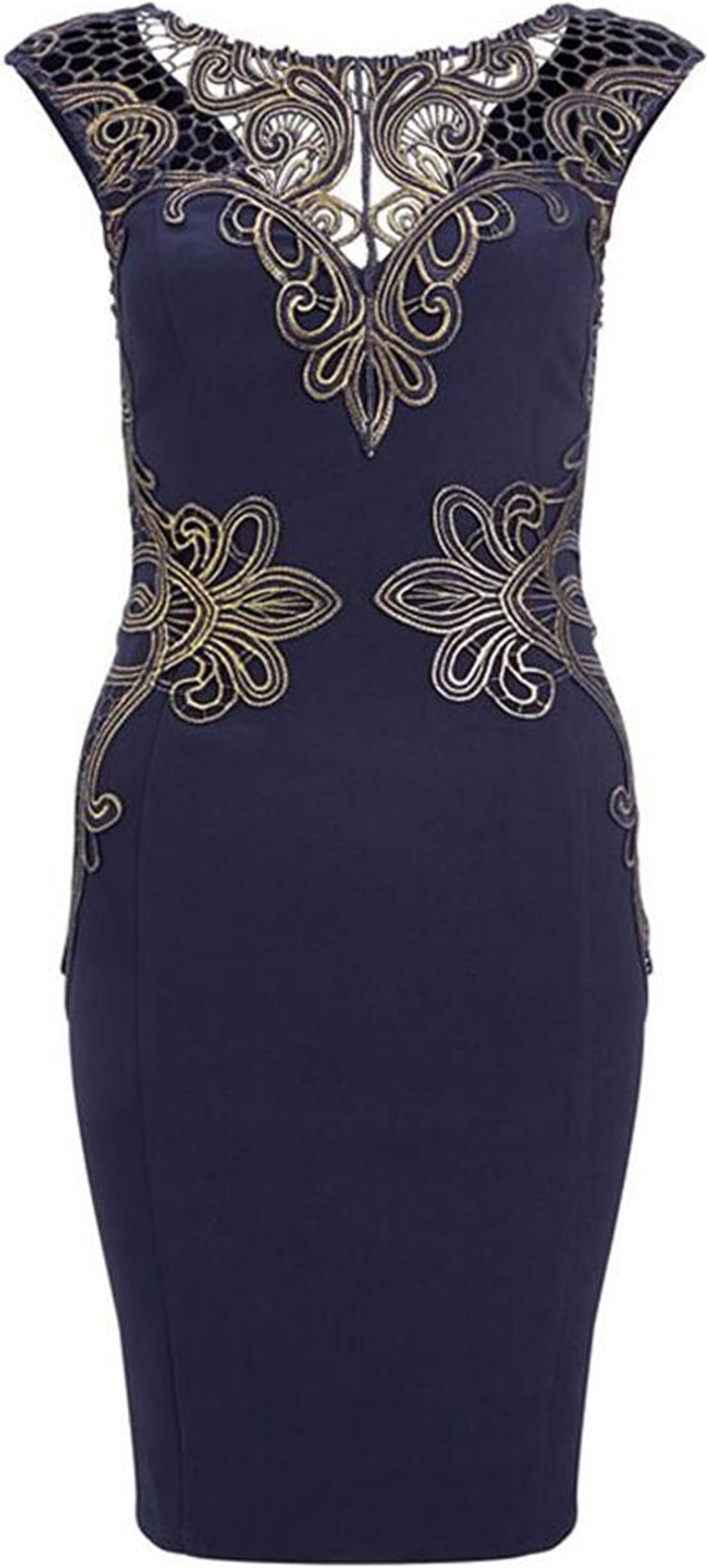 WIIPU Women's Sleeveless Gold Lace Slim Formal Bodycon Dress(J806)- XLarge Navy Blue