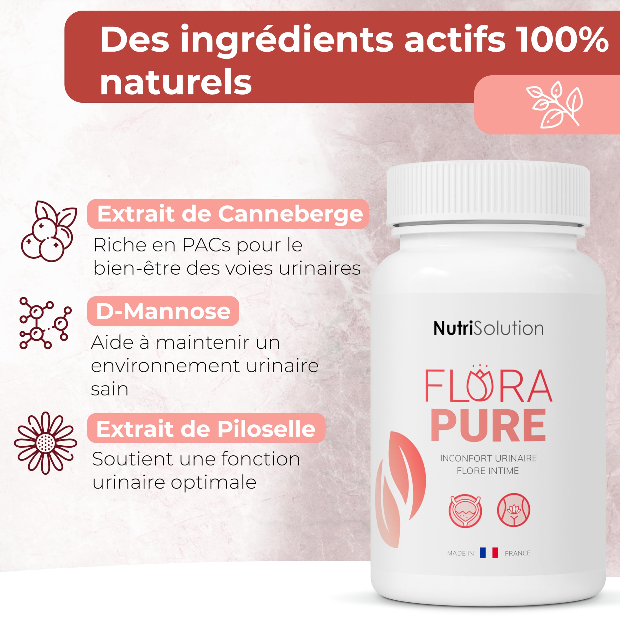FloraPure de NutriSolution : Soutien Avancé Santé Urinaire - Mélange Naturel Cranberry, D-Mannose & Piloselle - Favorise le Confort Vésical & Bien-être Urinaire - 60 Gélules - Fabriqué en France (1)