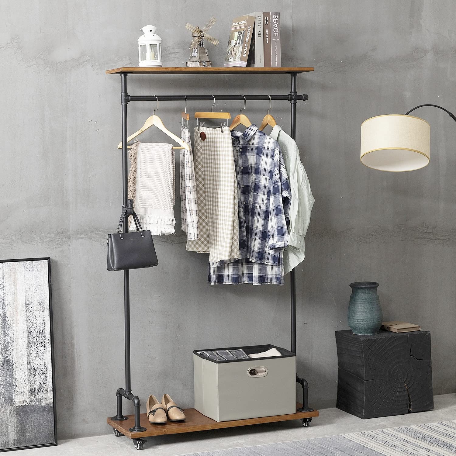 Buy Industrial Wood Pipe Clothing Rack, Rolling Garment Rack Clothes