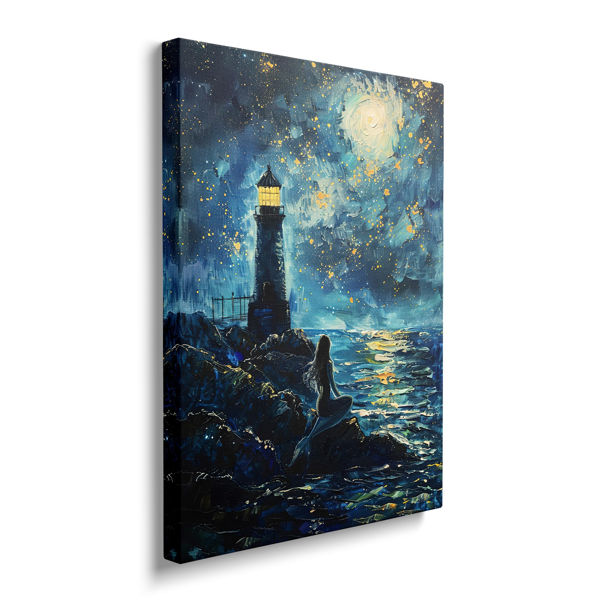 LMYSXAOZ Lighthouse Canvas Wall Art Mermaid Painting Picture Coastal Night Scenery Framed for Bathroom Bedroom Living Room Nautical Ocean Modern Home Office Decor 16"x20"