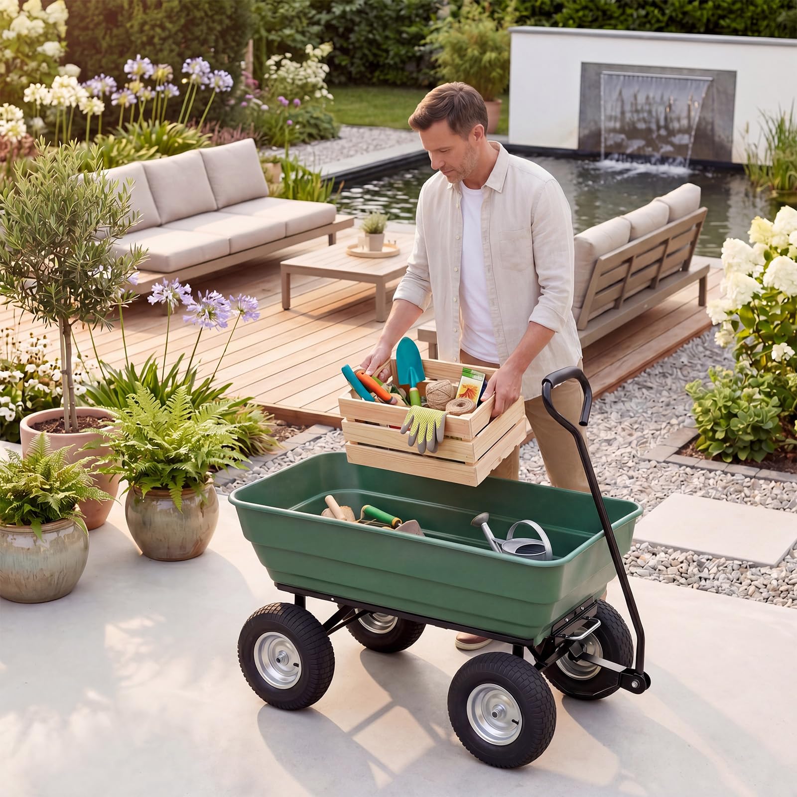GYMAX Carrello da Giardino 125L, Carriola in Metallo con Vasca Ribaltabile