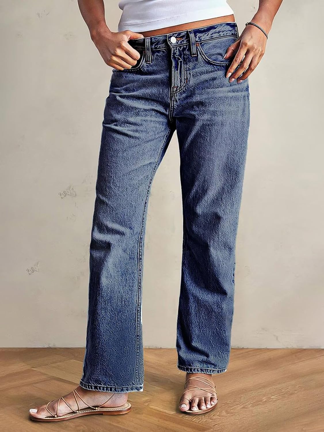 Flamingals Women’s Mid Waist Wash Stretchy Straight Leg Jeans Stylish Hem Design Casual Long Denim Pants