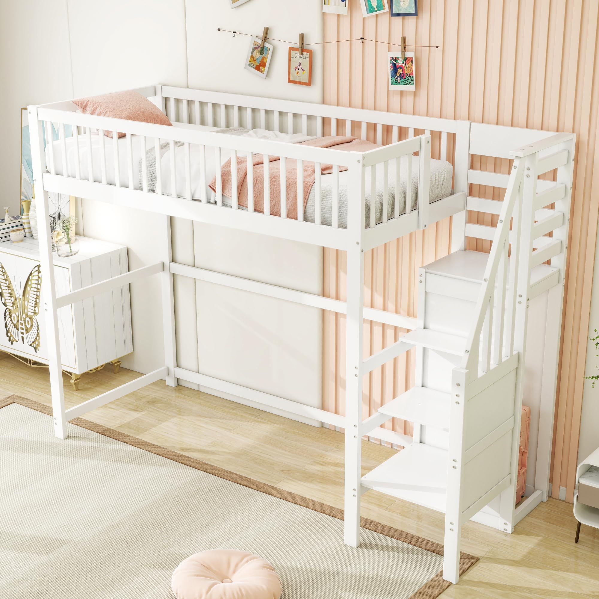 YESGIGA Cama alta 90 x 200 cm con escalera, cuna blanca de madera con estante de almacenamiento, armario sencillo (blanco, 90 x 200 cm)
