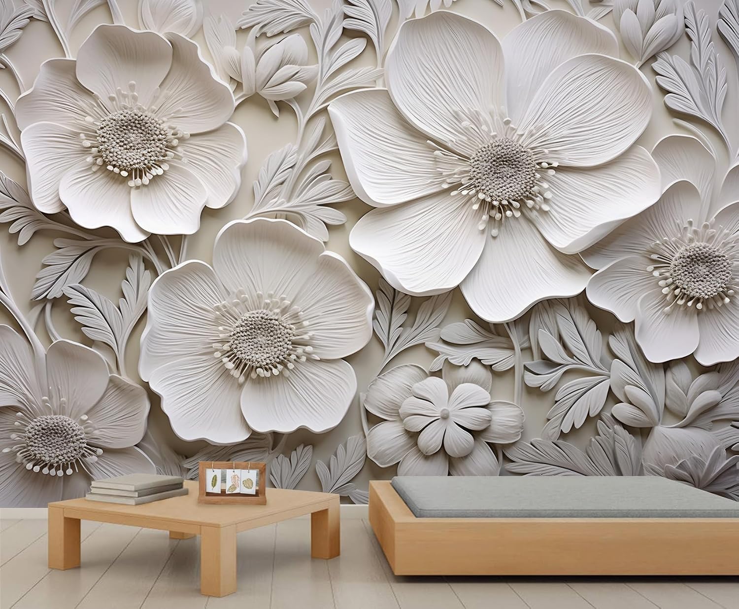 Embossed Flowers Wallpaper, 3D Floral Wall Paper Murals, Luxury Petals Wall Paper for Living Room, Stereoscopic Florals Removable Wallpaper for Renter, Woman Flower Large Mural & Girls Room Decor