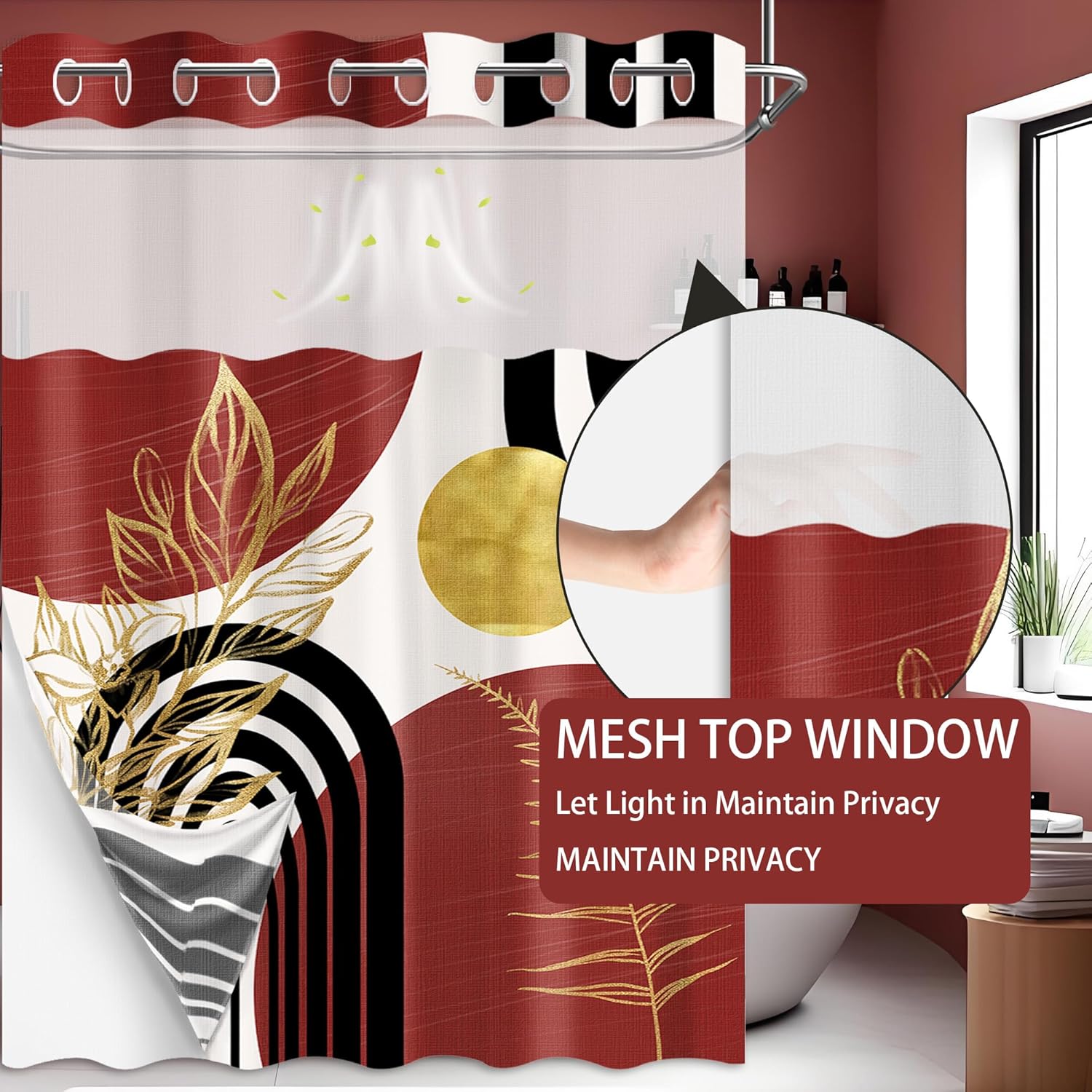 Black and Red Hookless Shower Curtain with Snap in Liner, Boho Red Mid Century Modern No Minimalist Hook Double Layer Shower Curtain and Liner Set, Waterproof Cloth Fabric, 71" W X 74" L (Pack of 1)