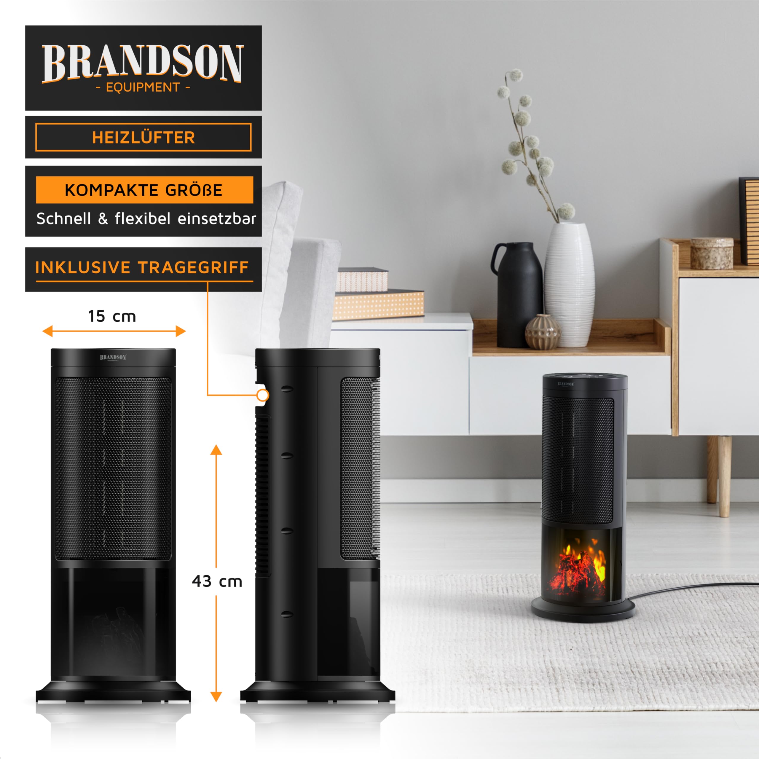 Brandson - Heizlüfter energiesparend leise - Kaminfeuer Effekt - Oszillation - mit Fernbedienung - Preisträger - 2 Stufen - Timer - Bad Wohnzimmer Büro Kinderzimmer