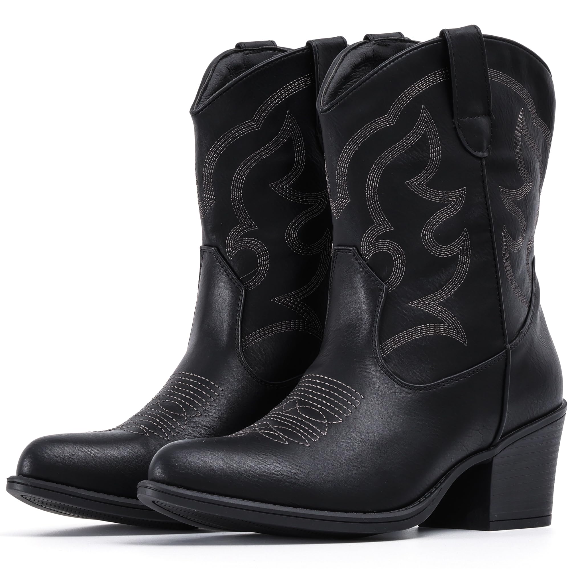 IXU Cowboy Boots for Women Wide Suede Ankle Western Cowgirl Boots Mid Calf Pointed Toe Short Chunky Classic Booties