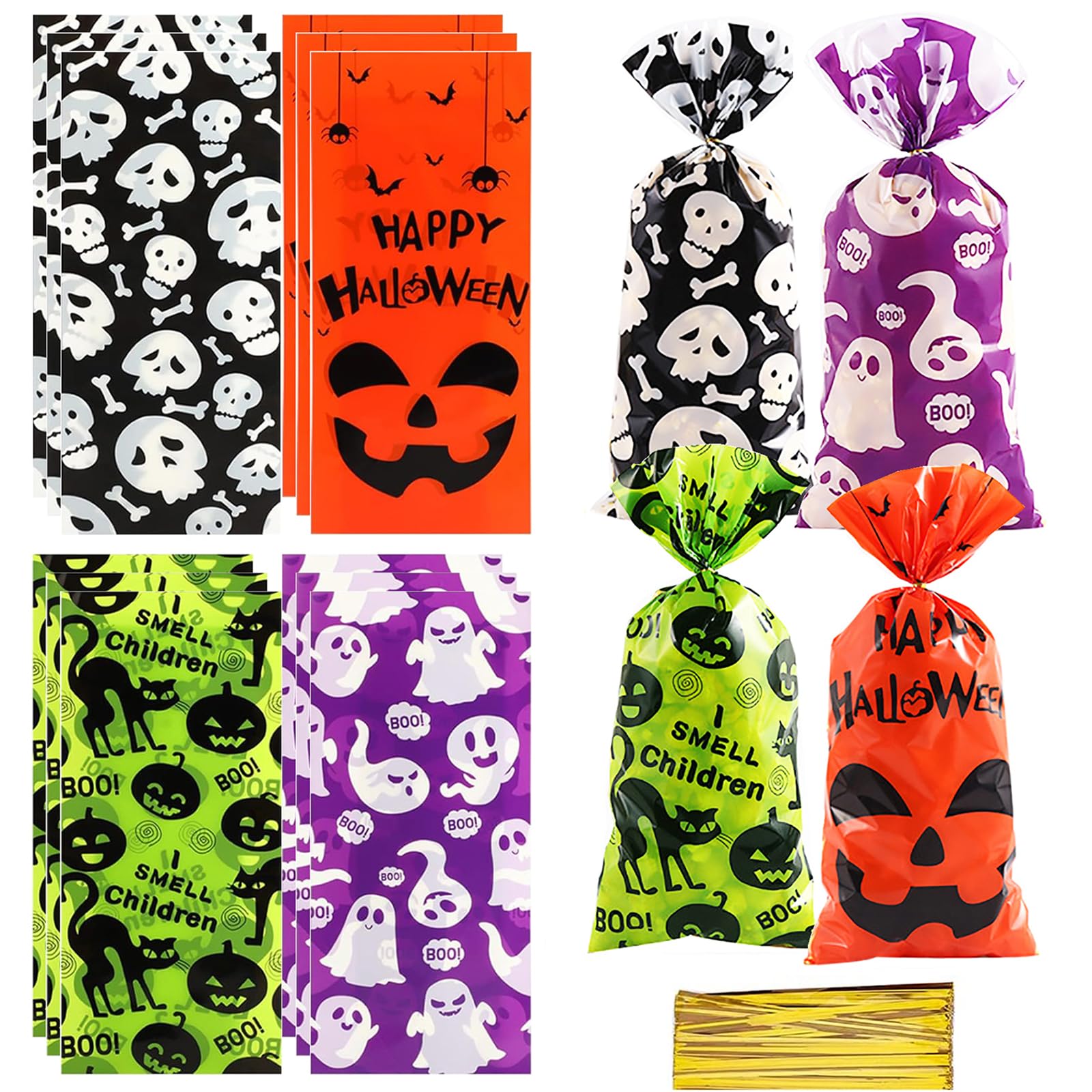 200 Sachets Bonbons Halloween Transparents Avec Fermeture Autocollante - 10x10 Cm, Pour Fêtes, Chasses Aux Bonbons, Goodies - 11
