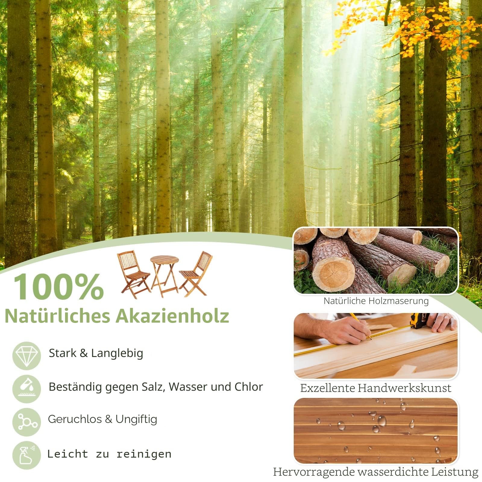 GIANTEX Balkonmöbel Kleiner Balkon, Runder Bistrotisch mit 2 Stühlen klappbar, Gartenmöbel Set Holz 3 teilig, Balkonset Bistroset Outdoor, Terrassenmöbel 2 Personen, Garten Sitzgruppe mit Kissen