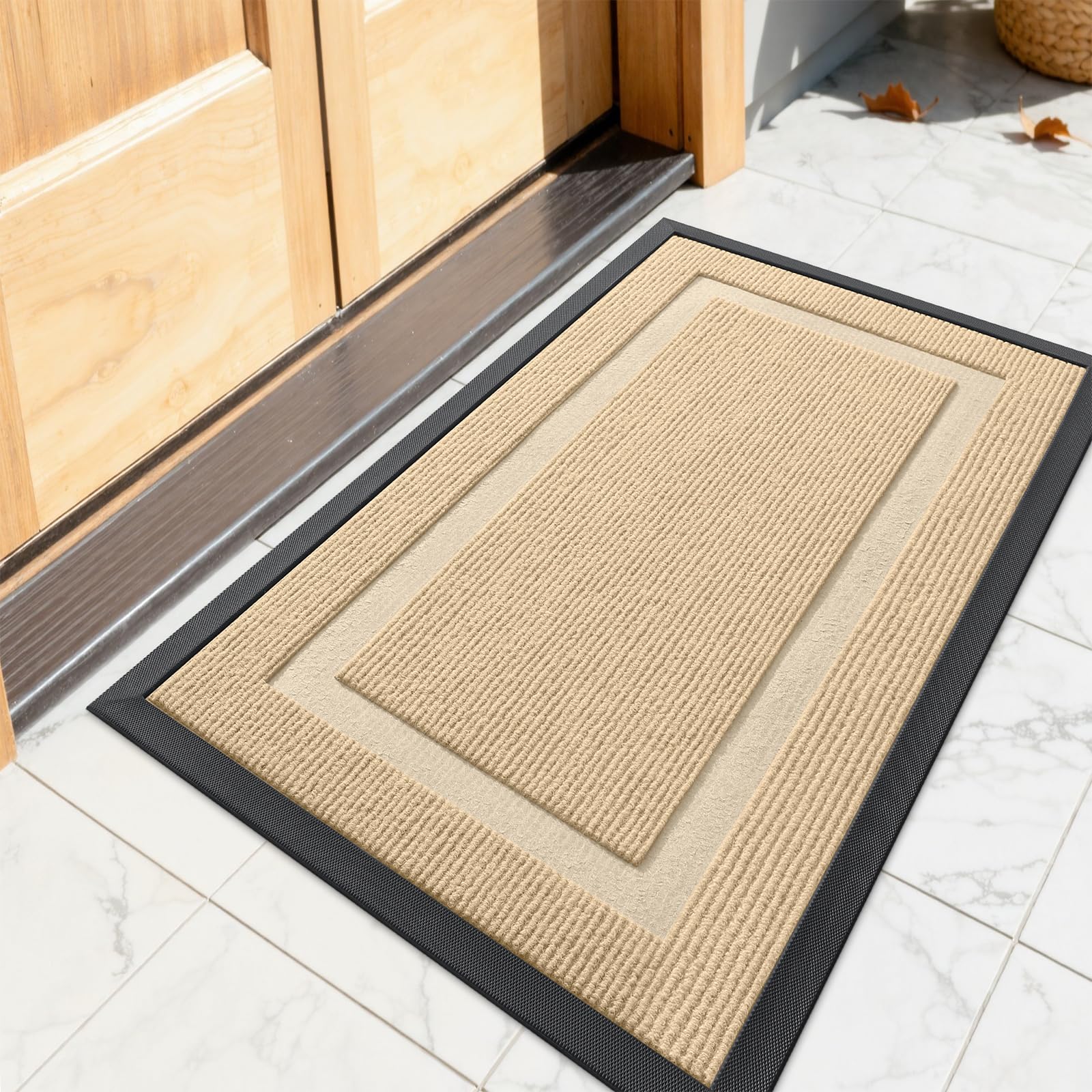 OLANLY Front Door Mat 23.5x15.5, All-Season Heavy-Duty Rubber Doormat | Beige, Absorbent, Stain and Fade Resistant, Waterproof Non-Slip Backing, Low-Profile Indoor Outdoor Floor Mat for Entryway