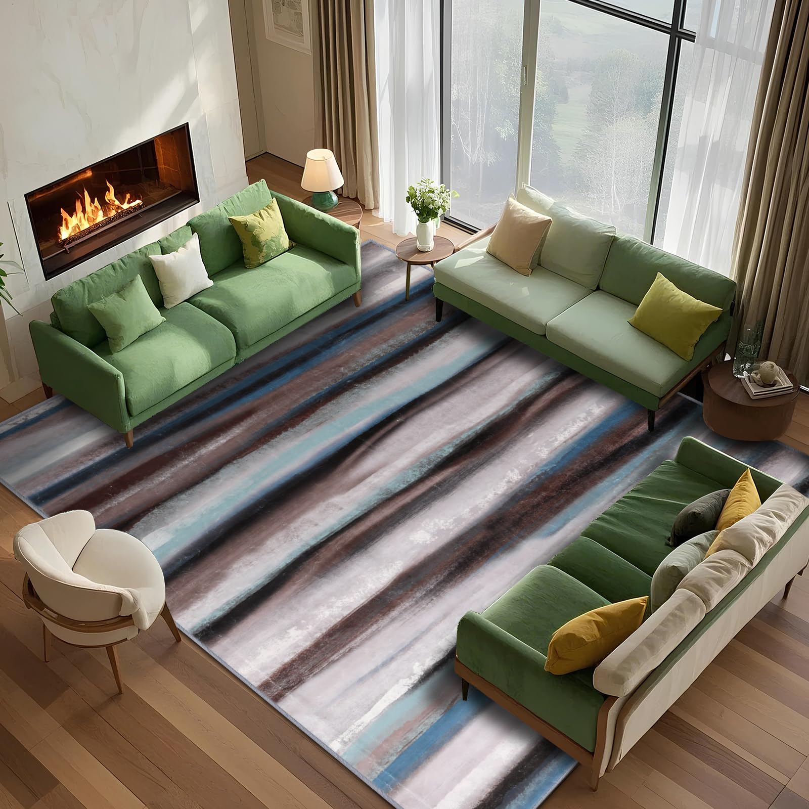 FLYRUGGO Abstract 5x7 Area Rug, Modern Stripe Pattern Teal Rugs for Living Room, Washable Soft Large Non-Slip Floor Carpet for Dining Room Office
