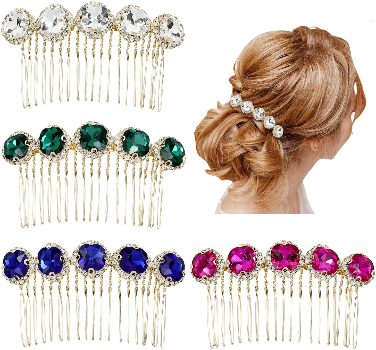 4 Pack Jeweled Gems Crystal Rhinestone Glitter Sparkly Metal Side Hair