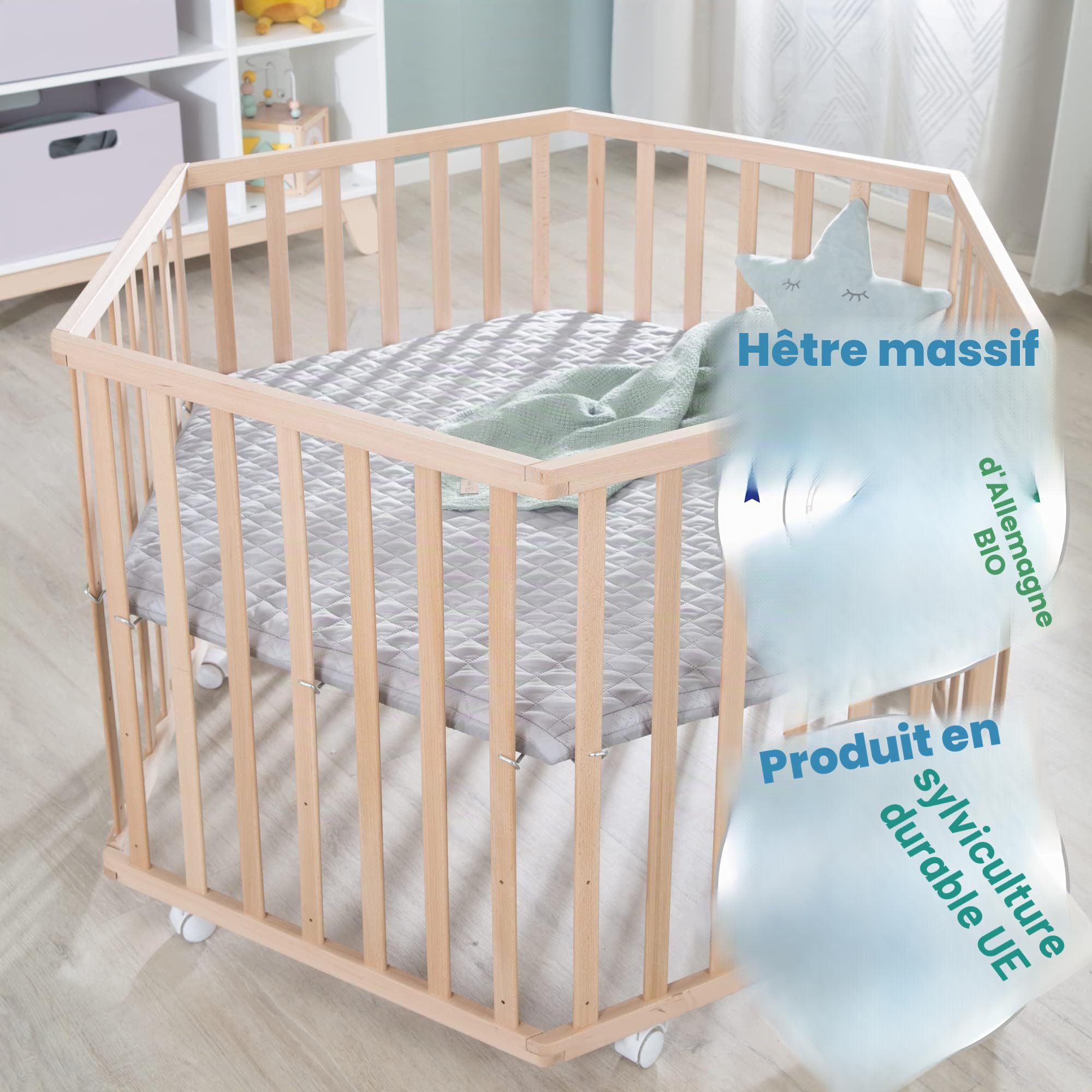 roba Parc Bébé Hexagonal en Bois Massif Bio Cosplay + Tapis de Parc roba Style Gris - Hauteur Ajustable sur 3 Niveaux - Roulettes avec Freins - Finition Naturelle