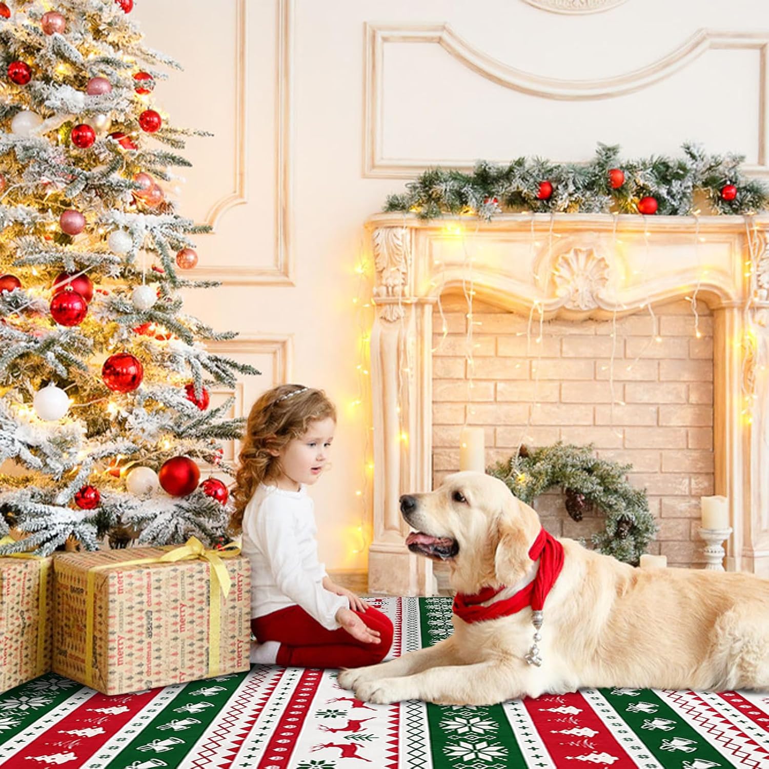 U'Artlines Christmas Washable Round Area Rug 6 ft Colorful Christmas Tree Deer Bell Laundry Rug Runner Non Slip Winter Soft Throw Rugs Carpet for Entryway Living Room Bedroom