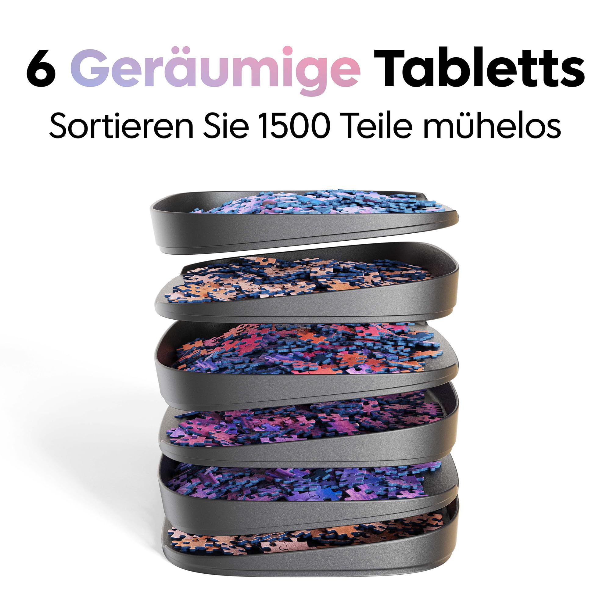 Puzzlup Stapelbare Puzzle Sortierschalen mit Box Anzeige auf Deckel – Set aus 6 Schalen – Bis zu 1500 Teile – Premium Puzzle Sortierer mit Offene Kanten Design