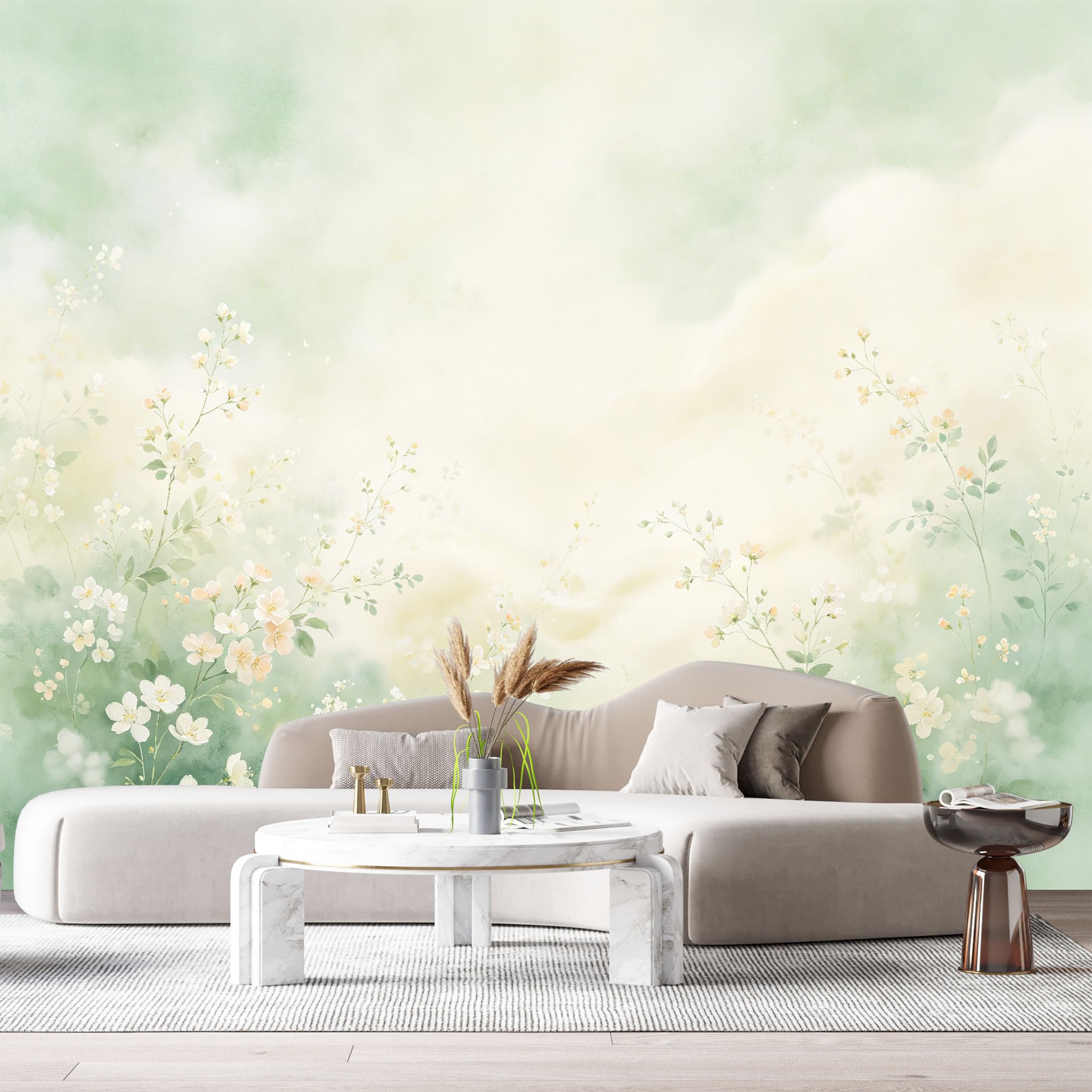 Custom Size Wall Murals Botanical Watercolor White Flowers Green Foliage Misty Meadow SelfAdhesive Wall Fabric Removable Large Wallpaper for Photo Living Room