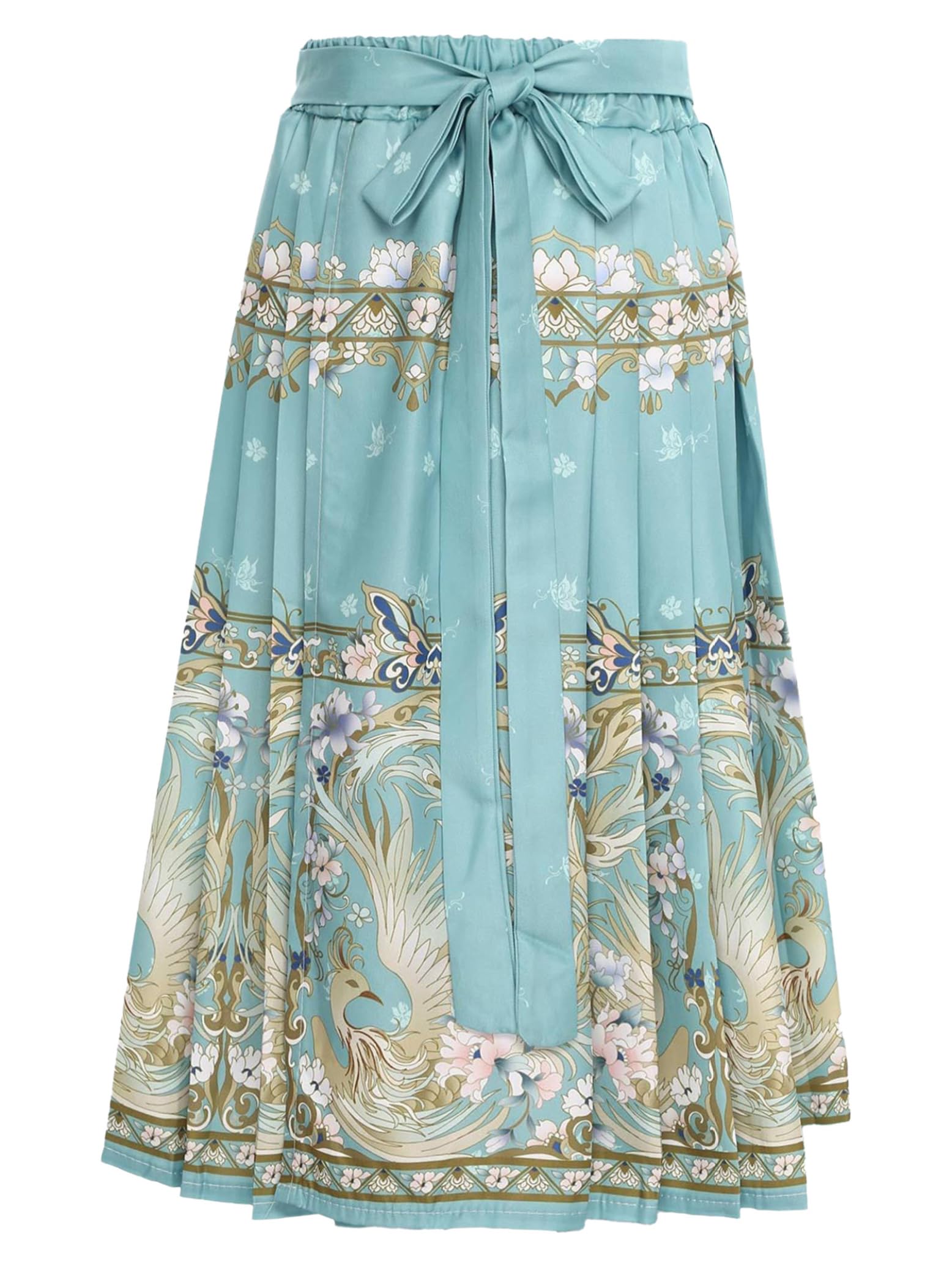 Eandarui Kids Girls Chinese Hanfu Mamianqun Skirt Horse Face Skirt Flower Phoenix Print Pleated Maxi Skirt Green 7-8 Years