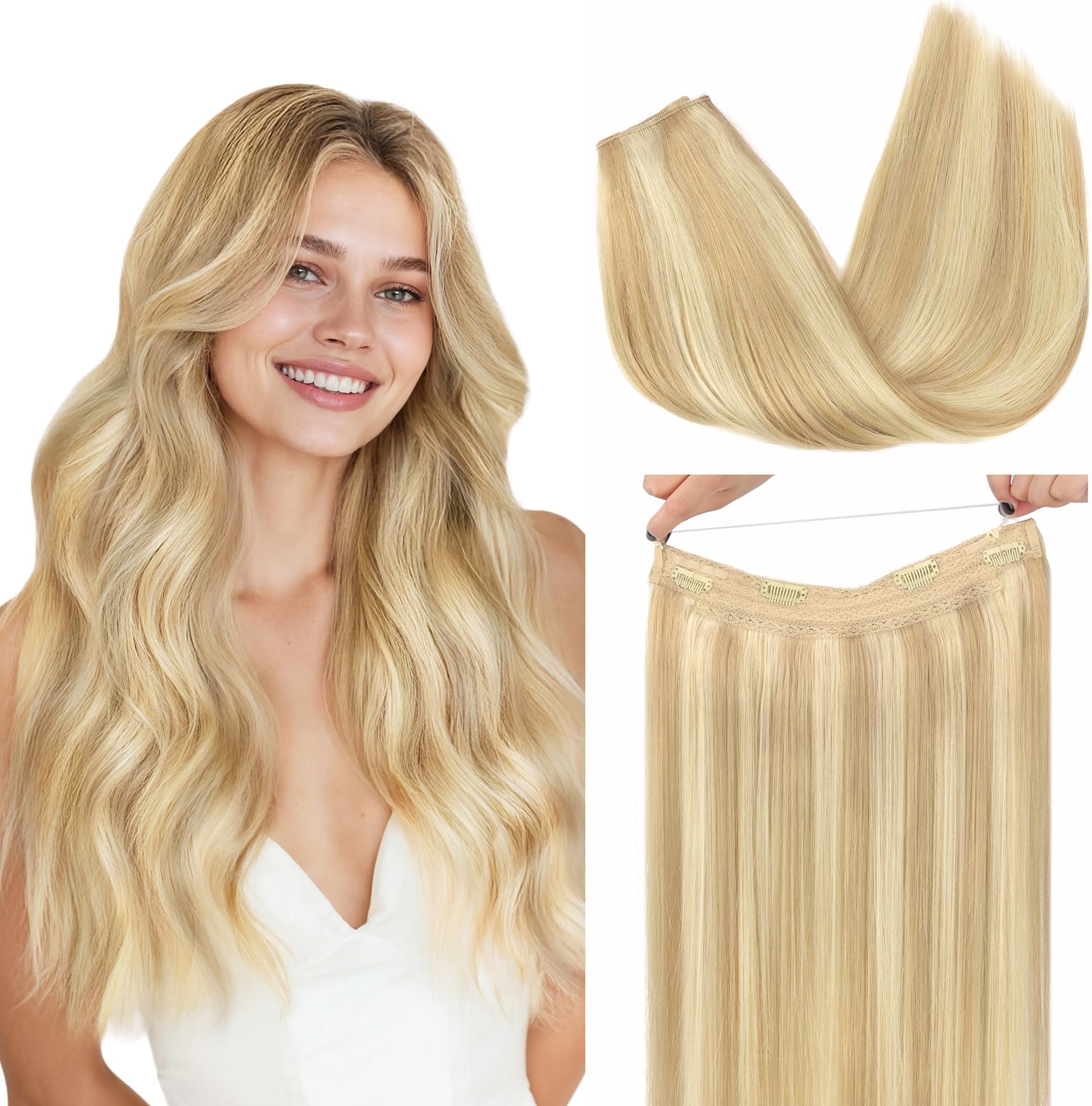 GOO GOO Wire Hair Extensions Human Hair, 18A/613A Dark Blonde mix Bleach Blonde Highlighted 12inch 70g, Invisible Wire Hair Extensions with Transparent, Seamless Fish Line Hairpiece