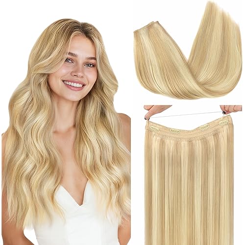 GOO GOO Wire Hair Extensions Human Hair, 18A/613A Dark Blonde mix Bleach Blonde Highlighted 14inch 75g, Invisible Wire Hair Extensions with Transparent, Seamless Fish Line Hairpiece