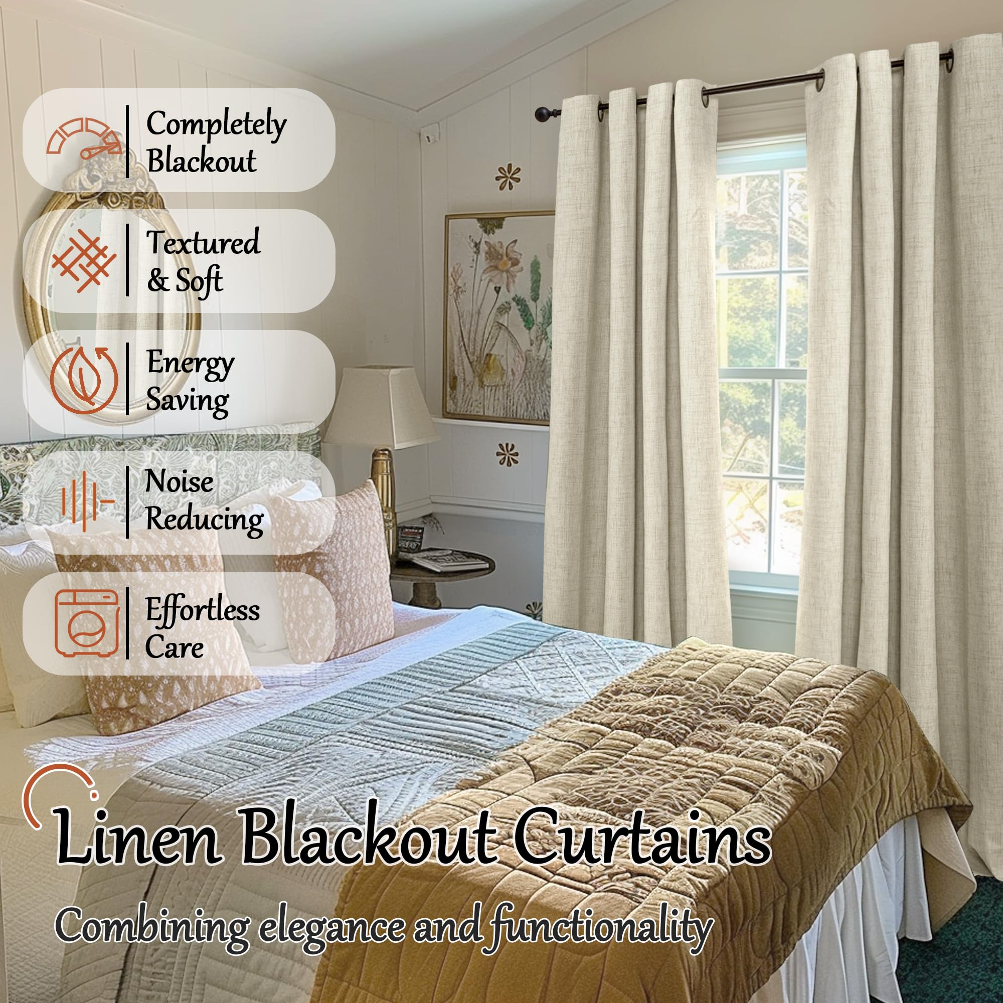 Lajode Blackout Curtains for Bedroom - Linen Black Out Curtains 84 Inch Long Thermal Insulated Burlap Grommet Window Drapes for Farmhouse Living Room Darkening, 2 Panels, Each 52