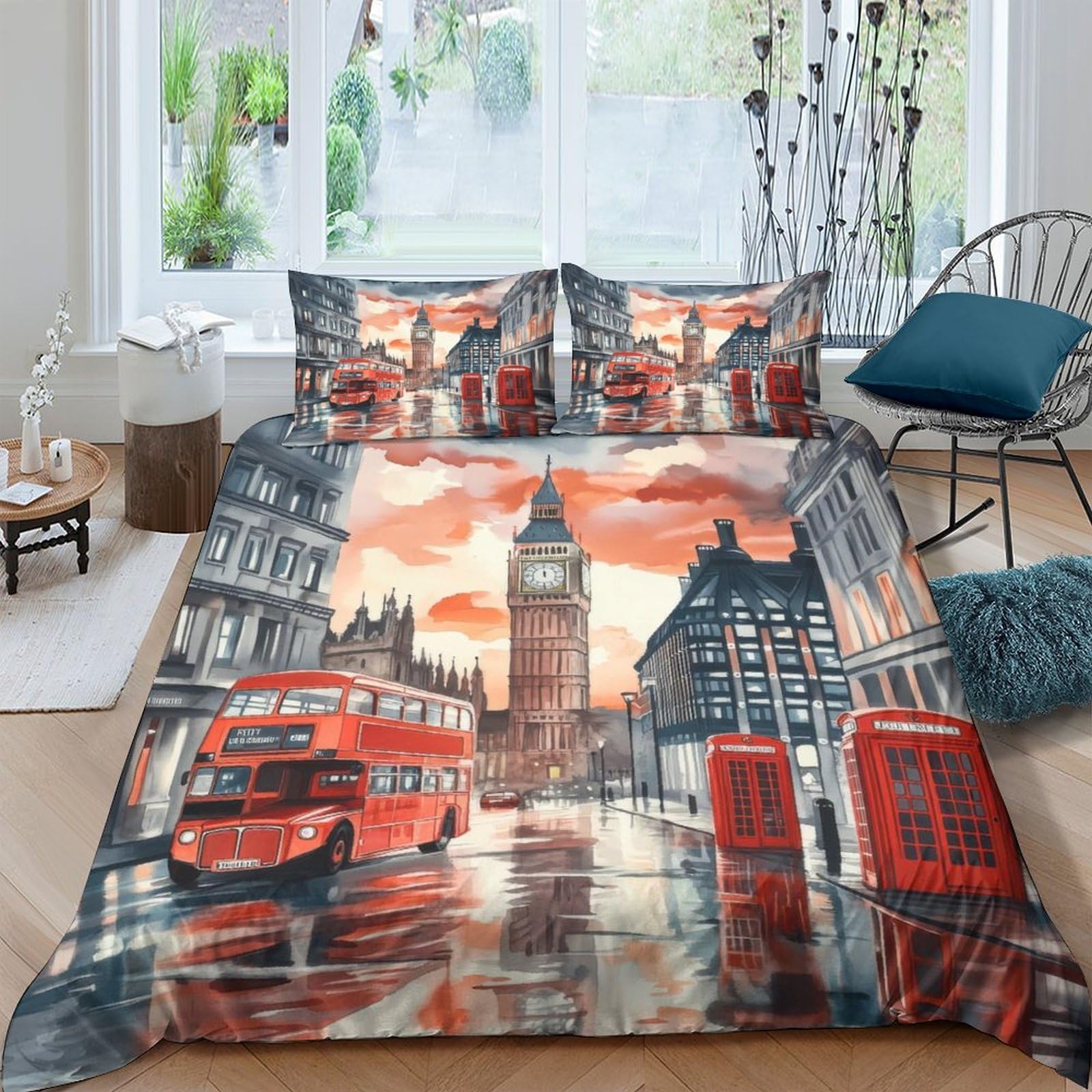 Ctjqhvkz Style-7 3D Printed London Cityscape Fitted Sheet Microfiber Red Bus Big Ben Bed Cover For Bedroom Guest Room Decor Single（135X200cm）