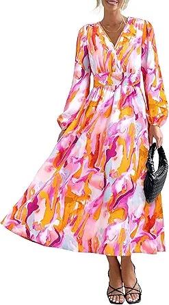 PRETTYGARDEN Women's Floral Midi Dress Casual Fall V Neck Long Sleeve Flowy Spring Beach Wedding Guest Vacation Dresses