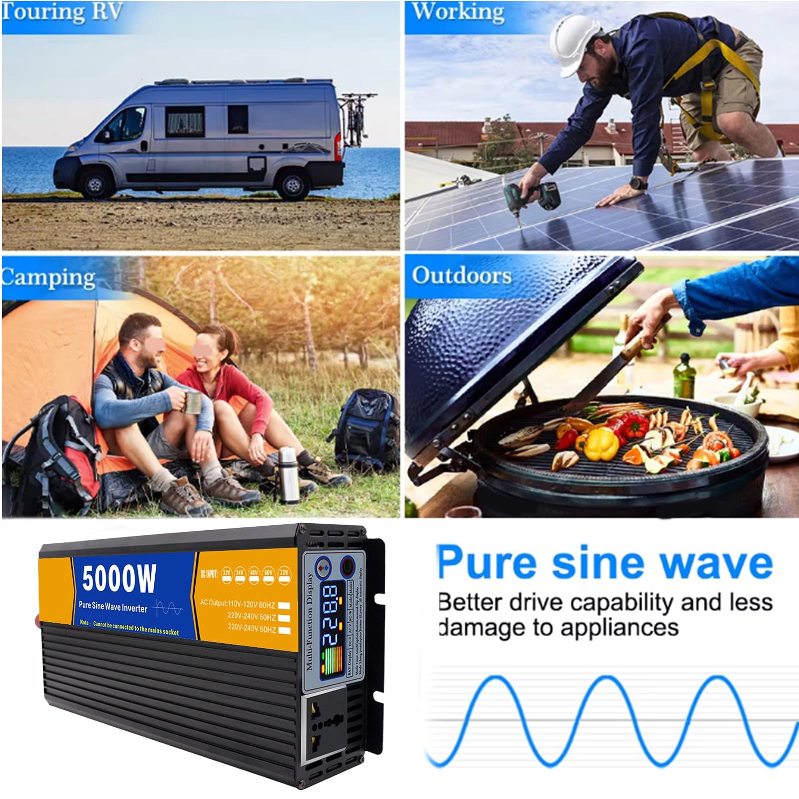 5000W DC 12V/24V/48V/60V/72V czysta fala sinusoidalna inwerter ładowarka dwufazowa wejście DC wyjście AC 110V/220V niska częstotliwość falownik solarny konwerter