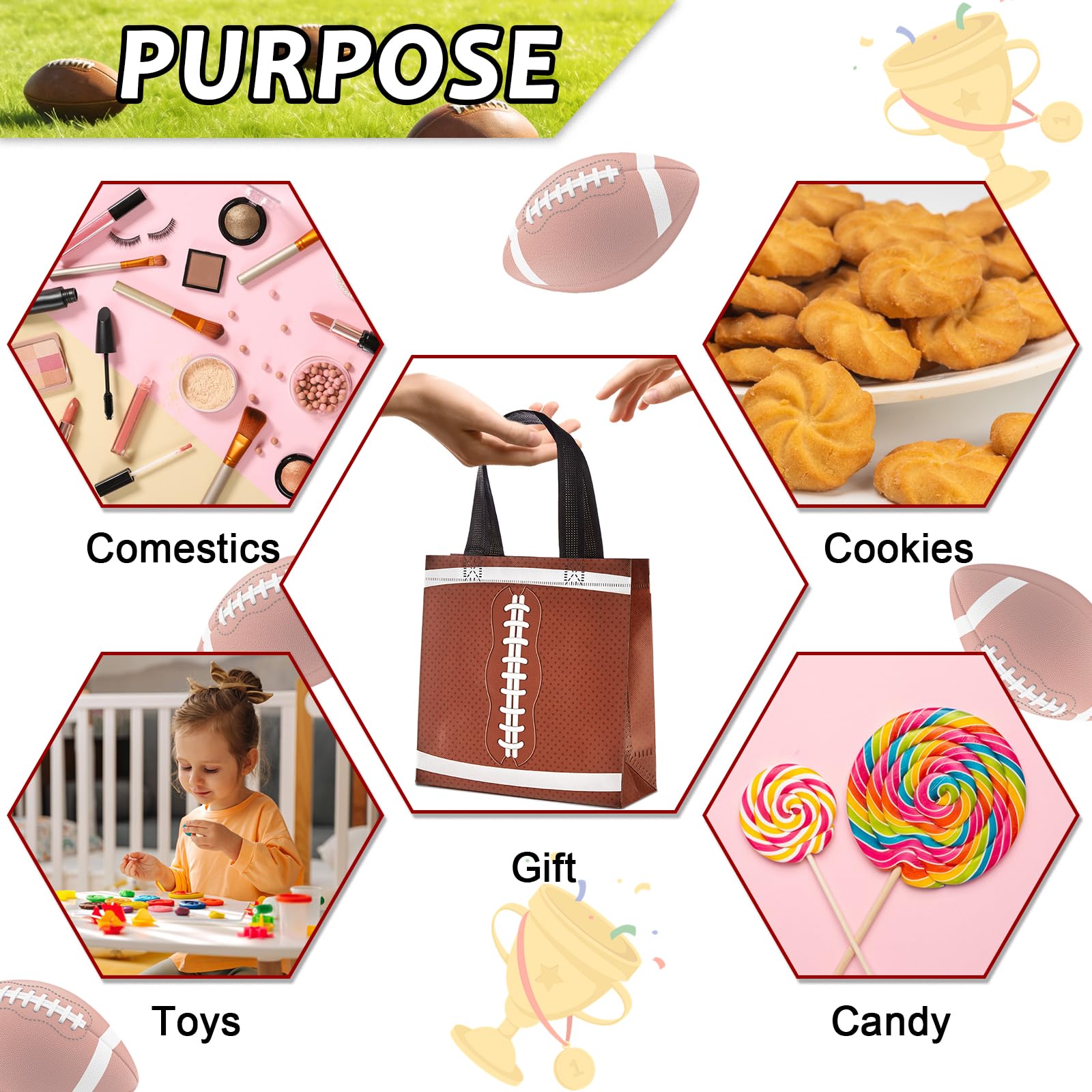 24Pcs Football Gift Bags With Handles Bulk Sport Theme Treat Candy Bags Football Team Present Non Woven Goodie Snack Favor Bag for Sport Boys Birthday Party Favor Baby Shower Decorations Supplies