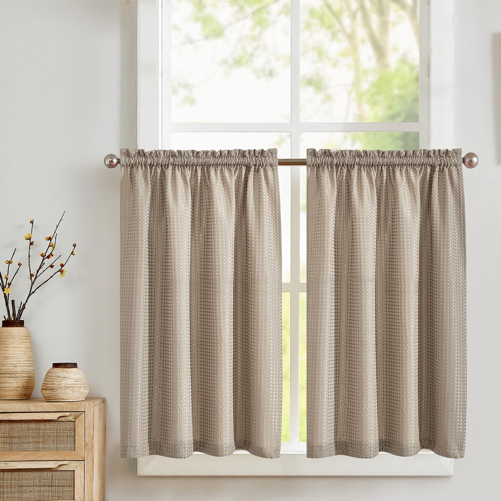 TOPICK Cortina Opaca Corta, diseño de gofres Gruesas, para Ventanas pequeñas, baño, Cocina, salón, casa de Campo, Juego de 2 Unidades, 90 x 60 cm, marrón