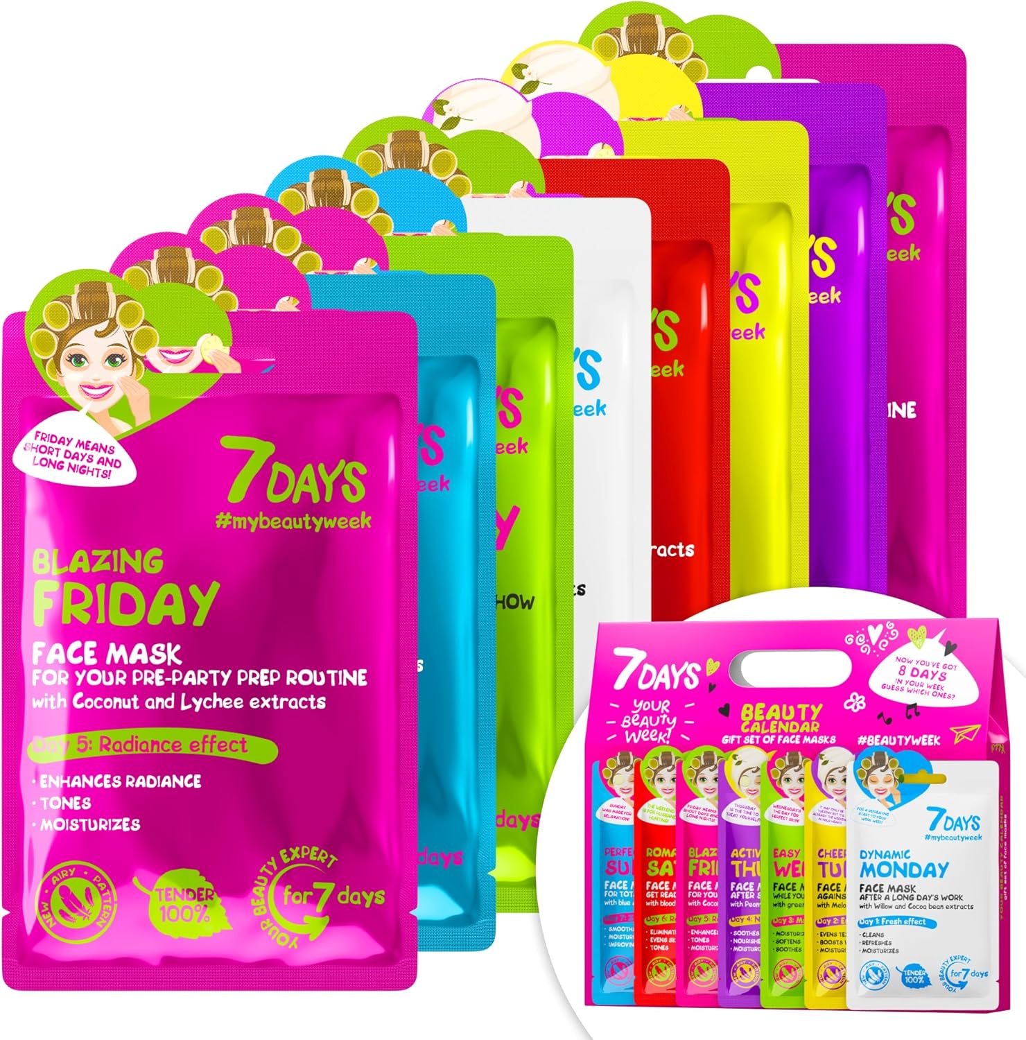 7DAYS Facial Masks (Set of 8) – Calendar Beauty Gift Set for Women – Sheet Masks Moisturising, Brightening, Nourishing, Hydrating, Soothing, Refreshing – For All Skin Types