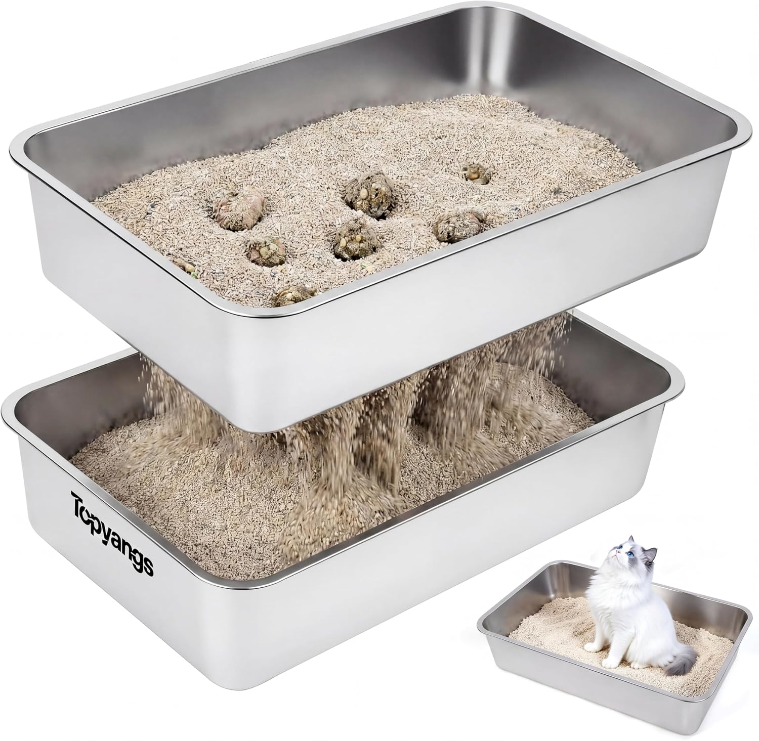 2 Pack Stainless Steel Litter Box, Extra Large Litter Boxes for Big Cats, XL Metal Cat Litter Box with Lid, High Sides, Anti-Urine Leakage, Non-Sticky, Scoop Included (Pink)