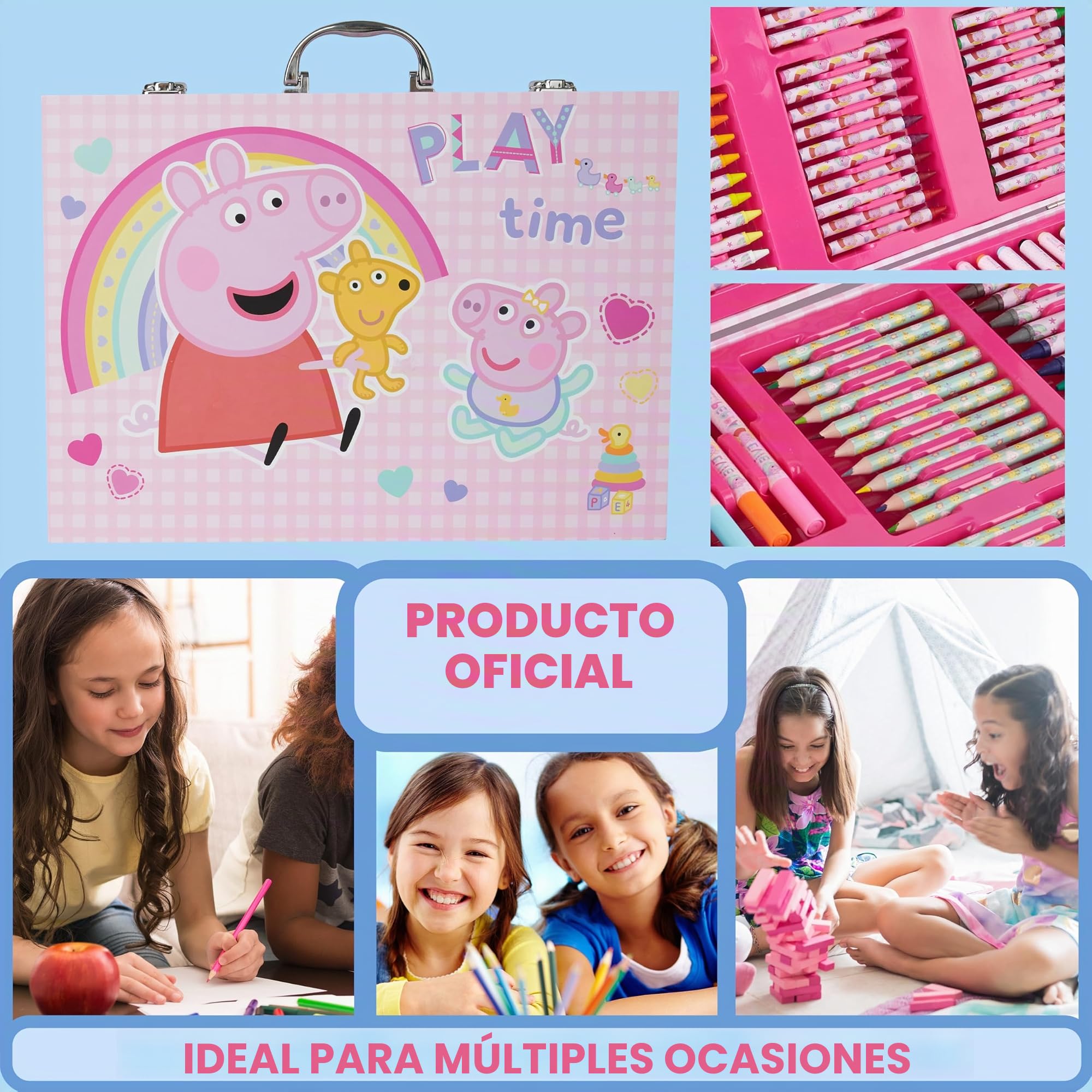 Peppa Pig Maletin Pinturas para Niños con Más de 130 Piezas, Set de Pintura, Lápices, Ceras, Rotuladores, Pegatinas y Hojas para Colorear, Regalo Niña
