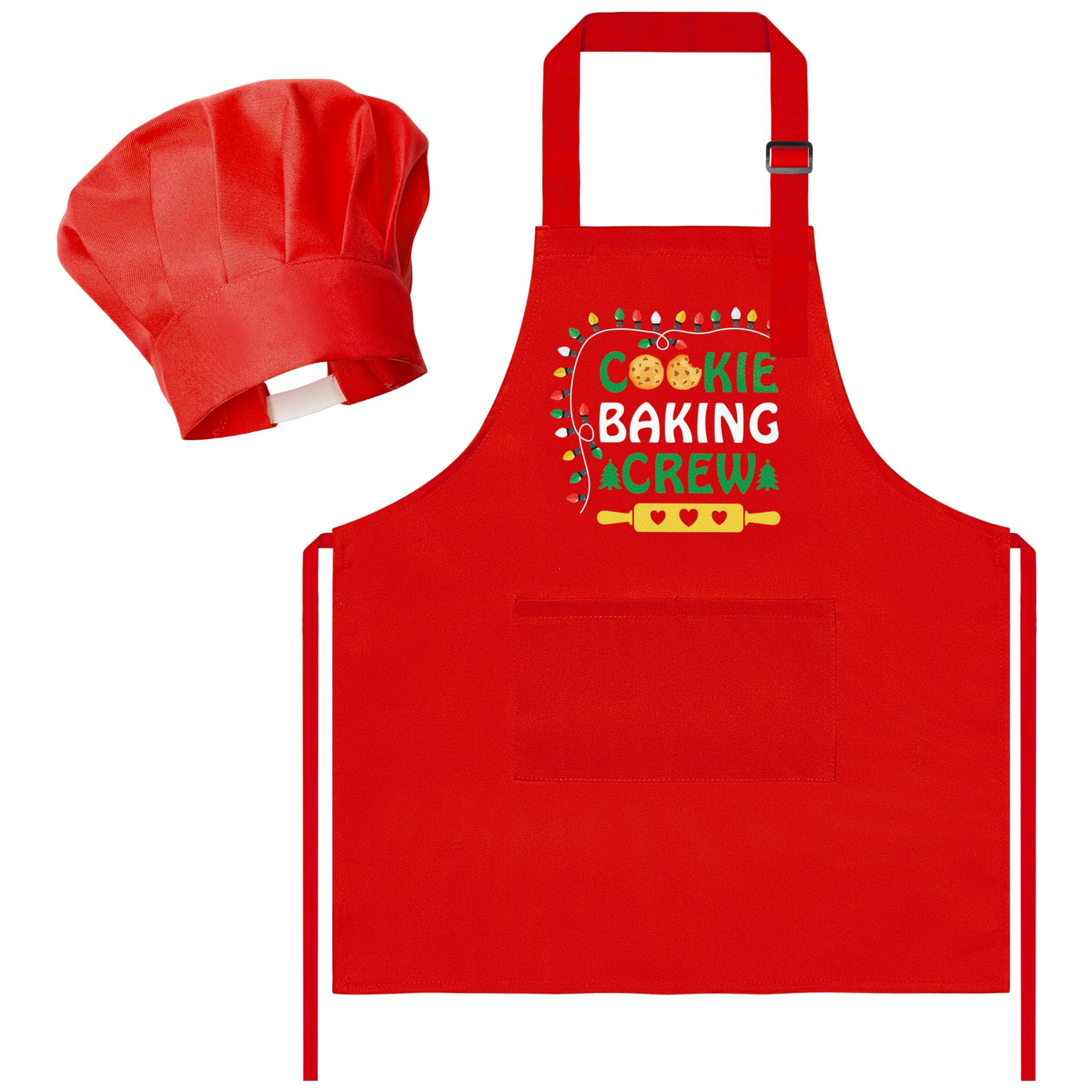 R HORSE 2Pcs Christmas Kid Apron and Chef Hat Set, Xmas Red Adjustable Children Red Kitchen Apron, Dress up Role Play Chef Toy Cooking Baking Painting Training Kits for Kids Birthday Christmas Gift